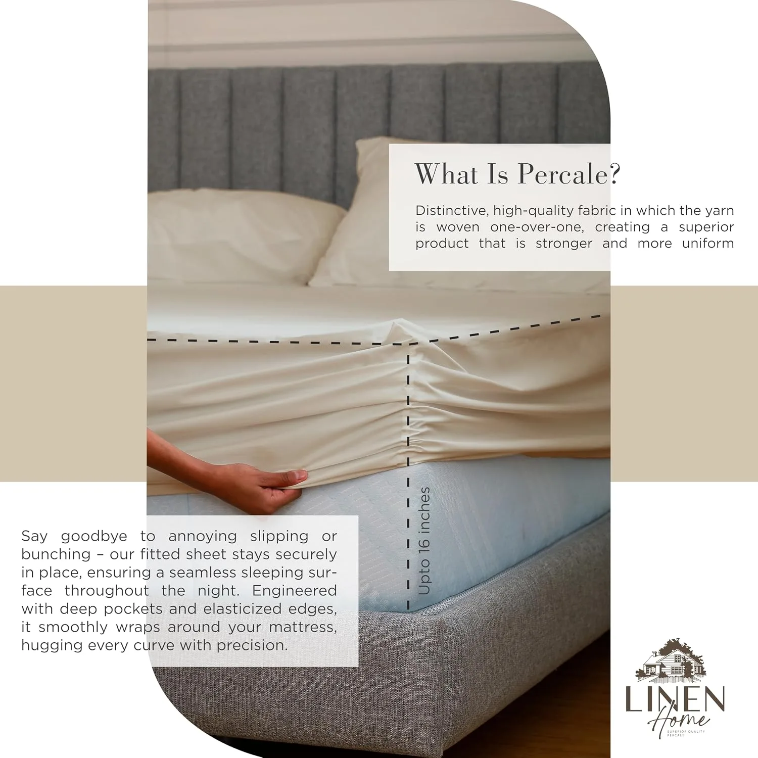 Linen Home 100% Cotton Percale King Sheets, 4 Pc Cooling Set - Light Taupe