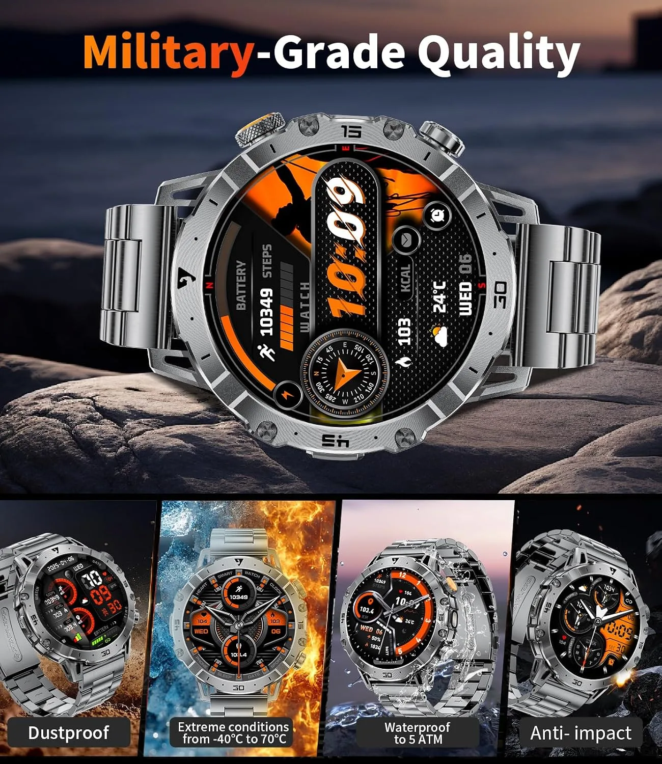 Military Smart Watch for Men, 1000 mAh 60 Days Large Battery, 1.85″ HD Smartwatch with LED Flashlight/IP68/100+ Sport Modes Fitness Tracker, Smart Watches for Android iOS, 3 Straps, Dark Grey