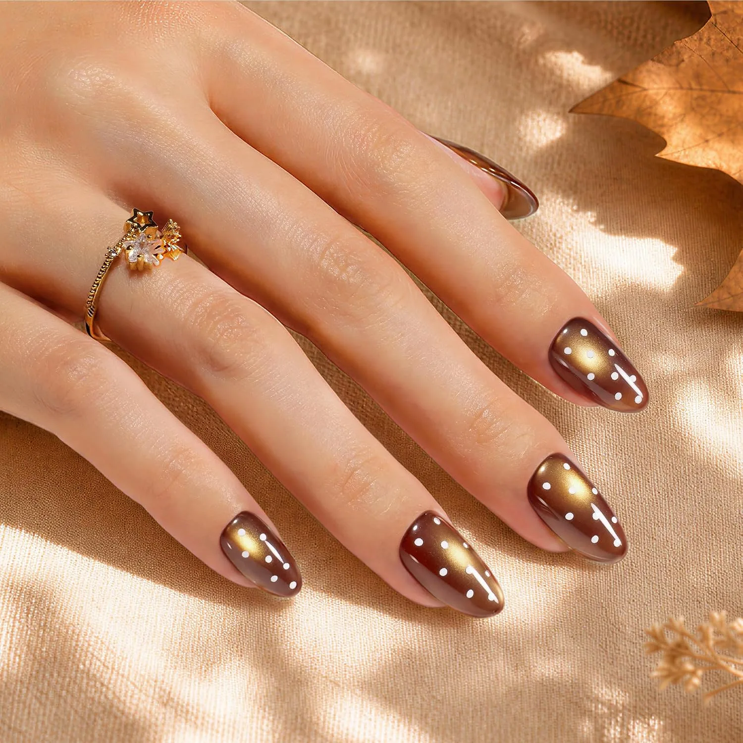 Beetles Halloween Brown Press On Nails Short Almond, 32PCS Polka Dot Design
