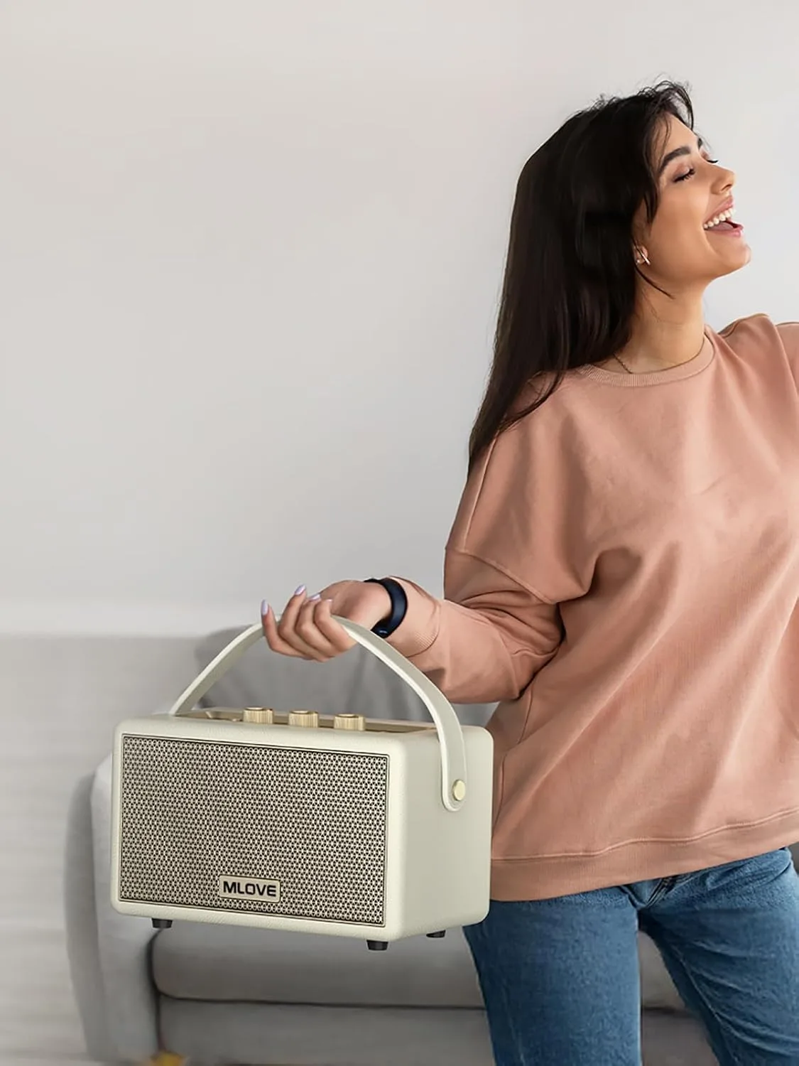 MLOVE A200 Portable Retro Bluetooth Speaker with Aux Input, USB Port, Micro SD Card Slot - Decorative Wireless Bookshelf Speakers Battery Powered, House Warming Gifts for New Home, White Strap