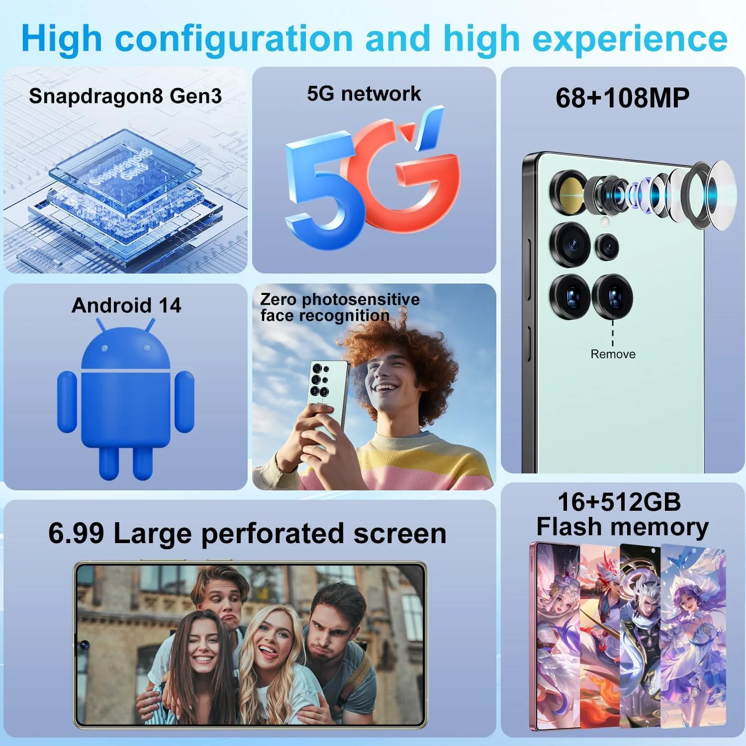 Huness S25 Ultra Unlocked Phone,Built in Pen The Phone,Cell Phone Battery 7000mAh 6.99" HD Screen,Android 14 16+512GB Smartphone,Dual SIM/5G/Face ID/Fingerprint Lock/GPS (Cyan, 16+512)