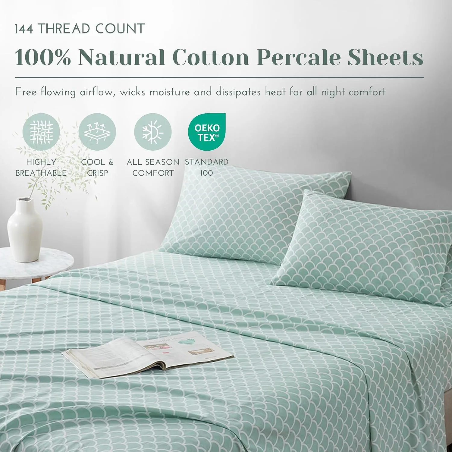 Comfort Spaces 100% Cotton Percale Sheets Twin Sheet Set 3 Pcs, Scales