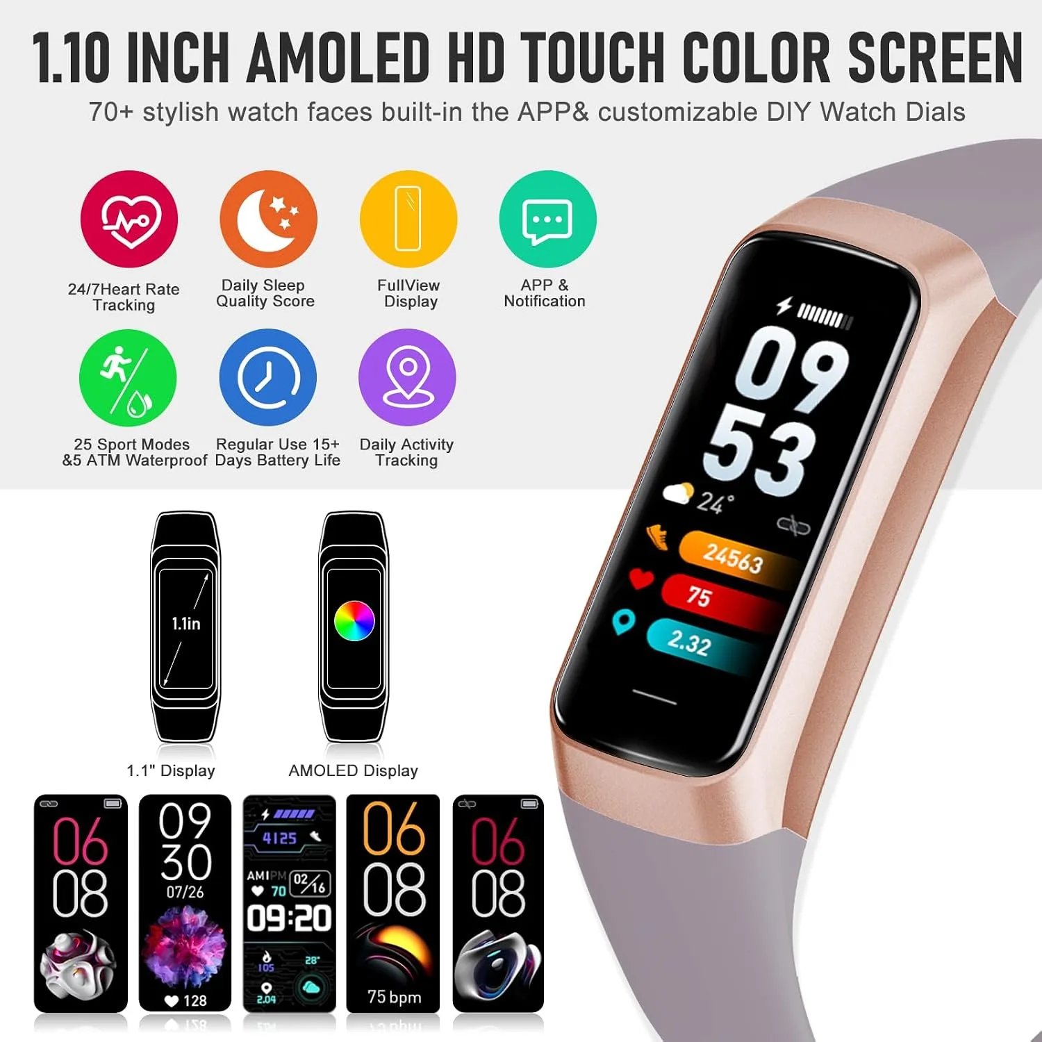 Fitness Tracker with 24/7 Heart Rate, Activity Trackers with Blood Pressure Sleep Monitor, 1.10" AMOLED Screen Step Tracker, Waterproof Step Counter, Health Smart Watch Pedometer for Women Men