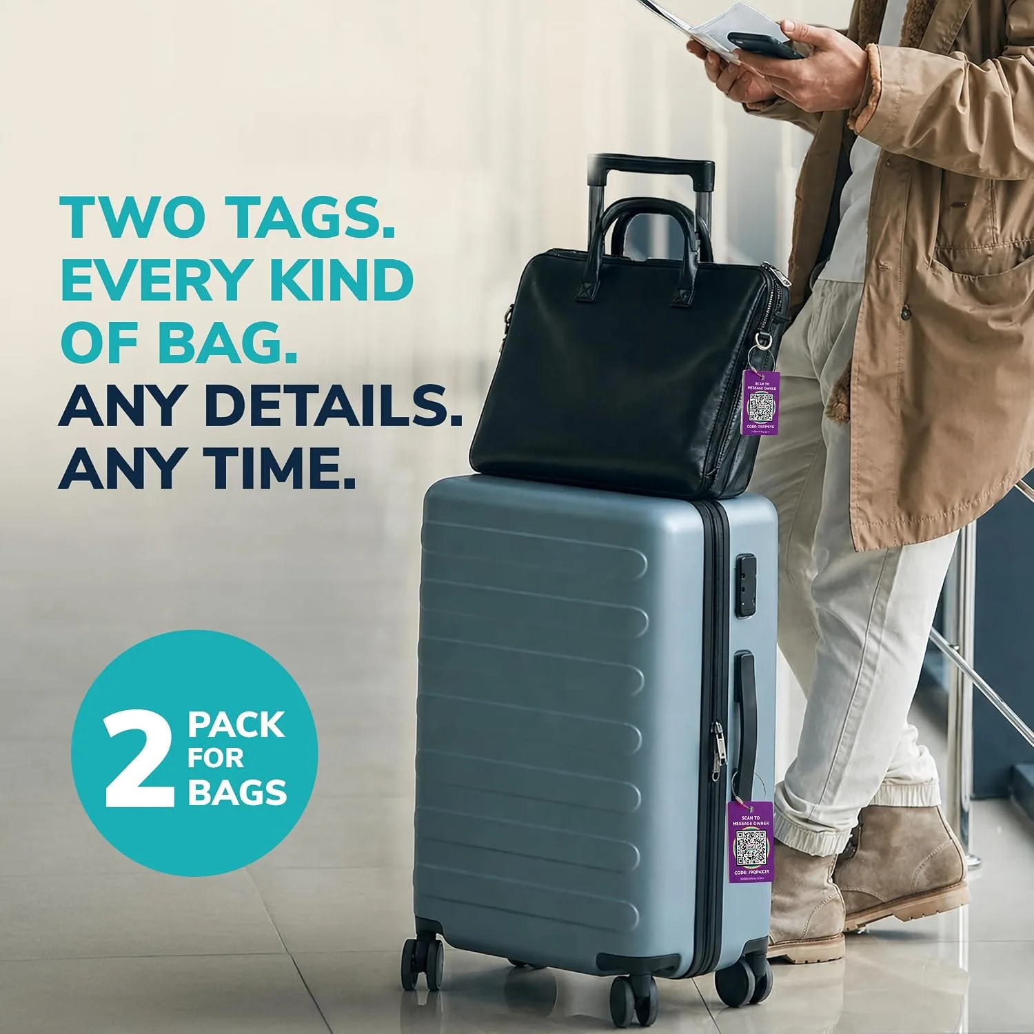 Smart Luggage Tags | Privacy QR Code Luggage Tag, Purple, 2-Pack