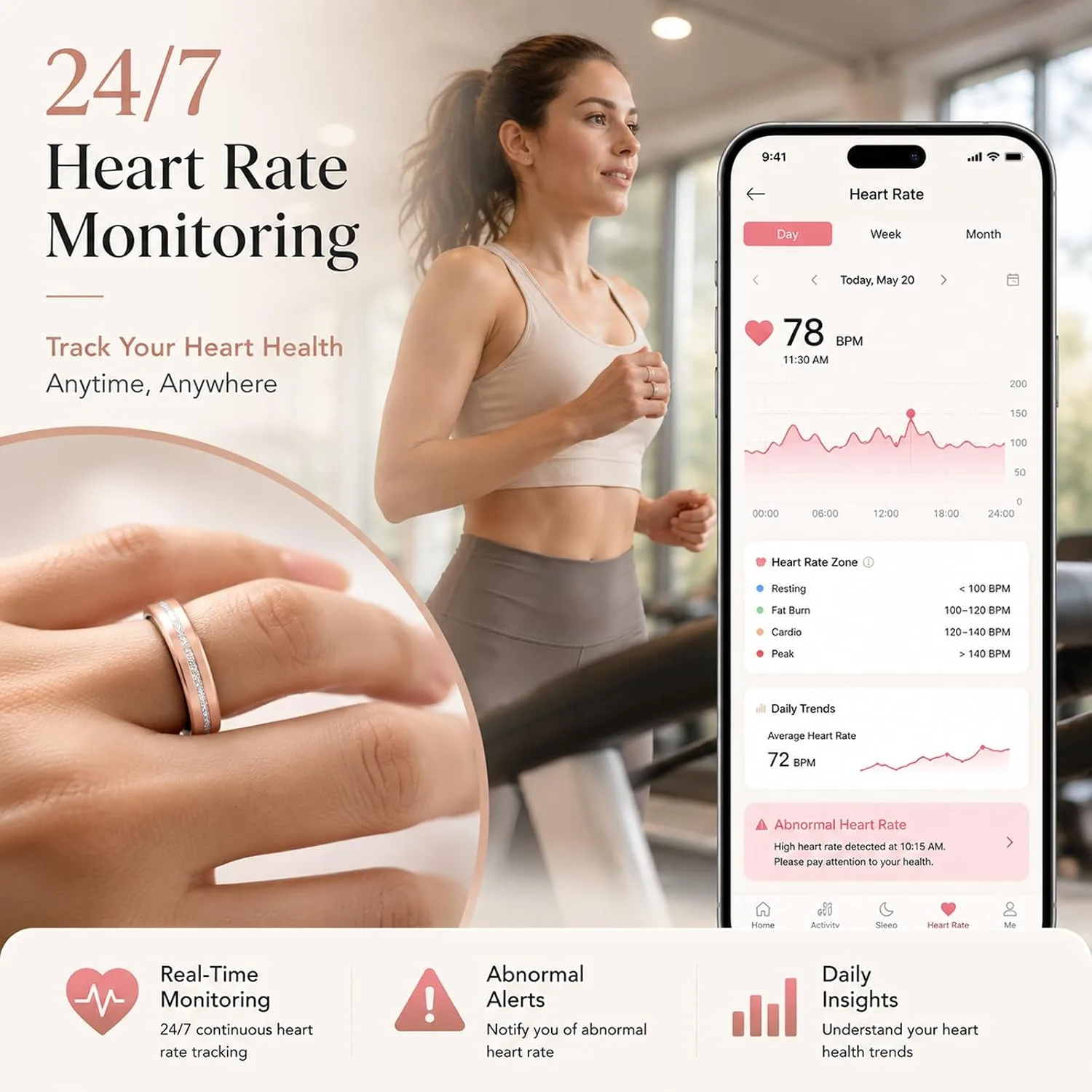 Smart Ring for Women Health Ring with 24/7 Heart Rate Monitor Sleep Tracker Multi-Sport Modes Waterproof Remote Camera Period Tracking Fitness Tracker Diamond-Accented Fashion iOS Android Phones