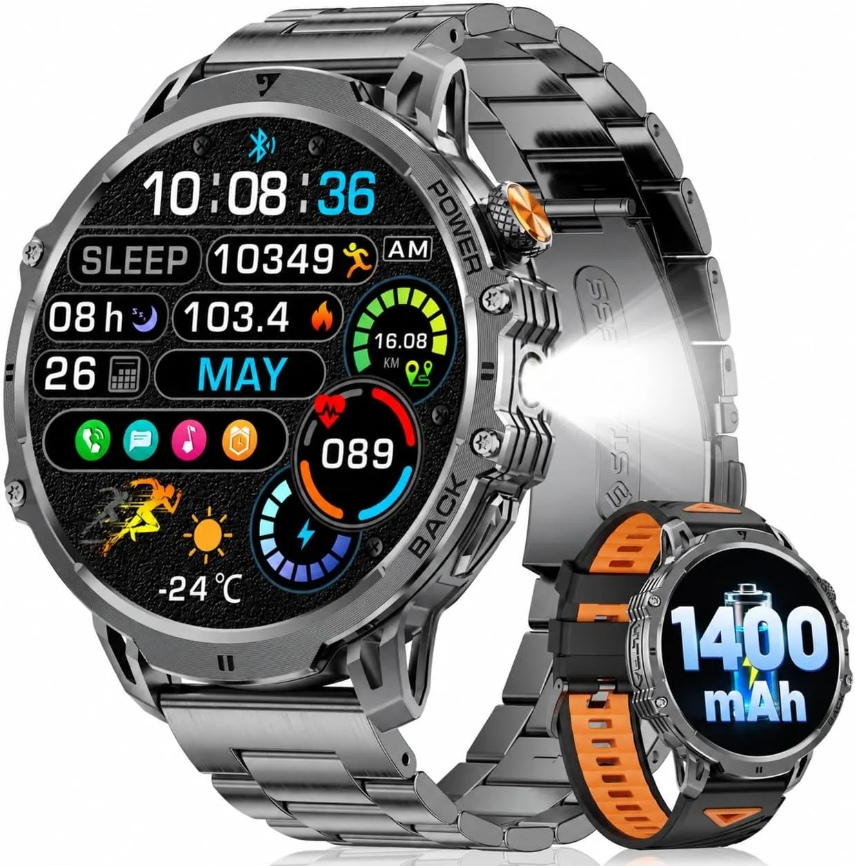 LIGE Military Smart Watches for Men(2 Bands), 1400mAh/1.85" HD Large Screen