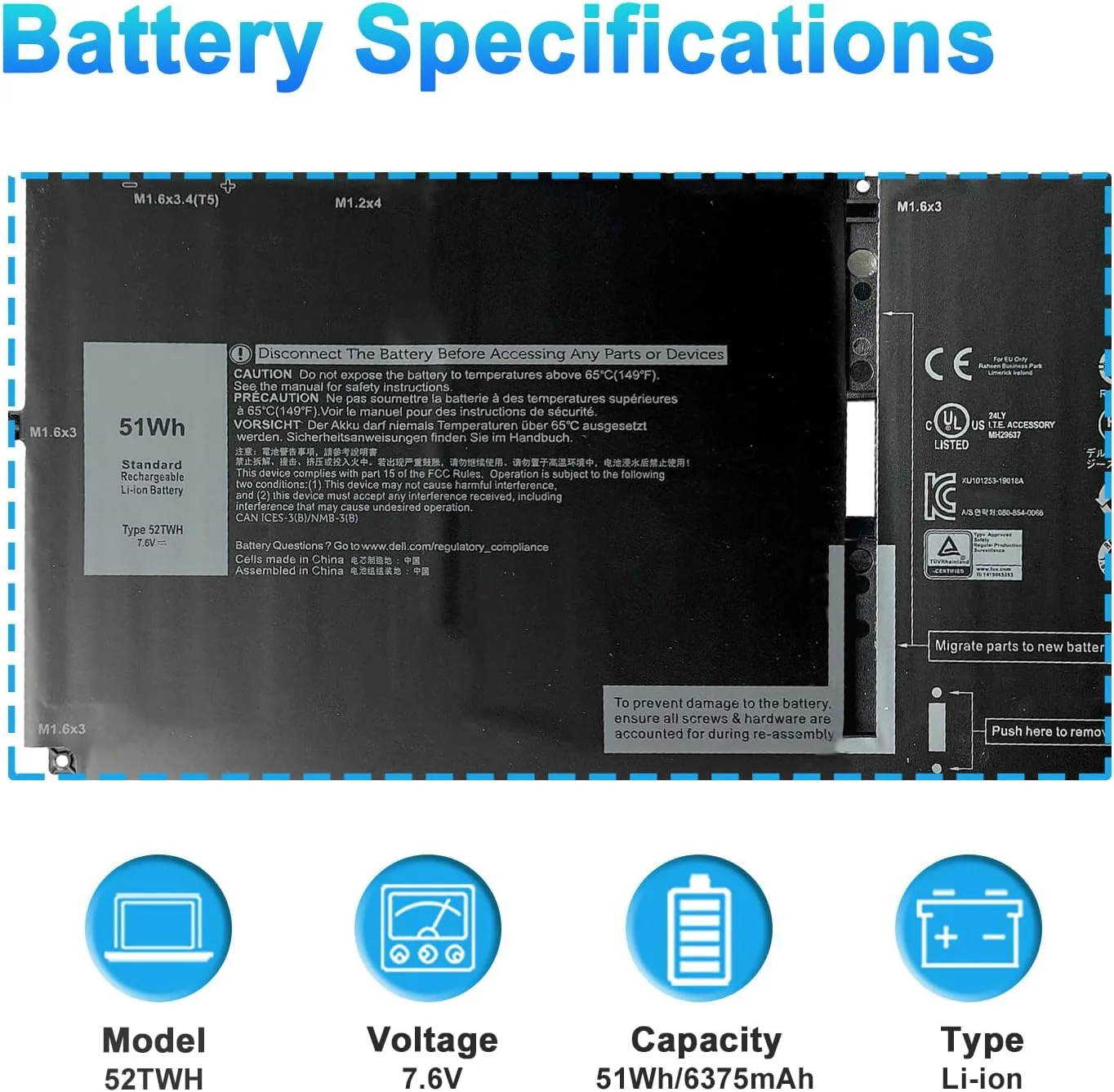 52TWH Laptop Battery Replacement for Dell XPS 13 7390 2-in-1 Series