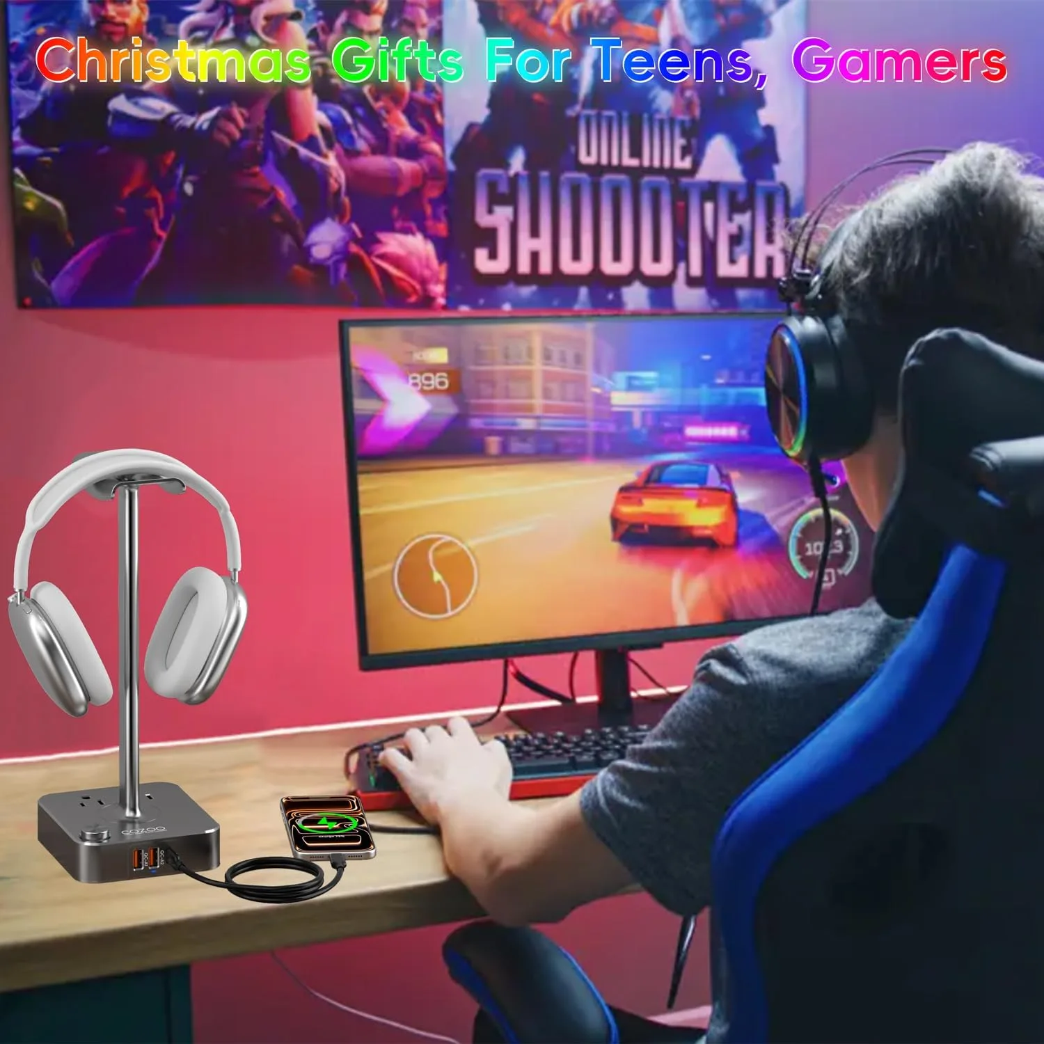 cozoo Headphone Stand with Charger, USB C, Gifts for Gamers Men, Gray