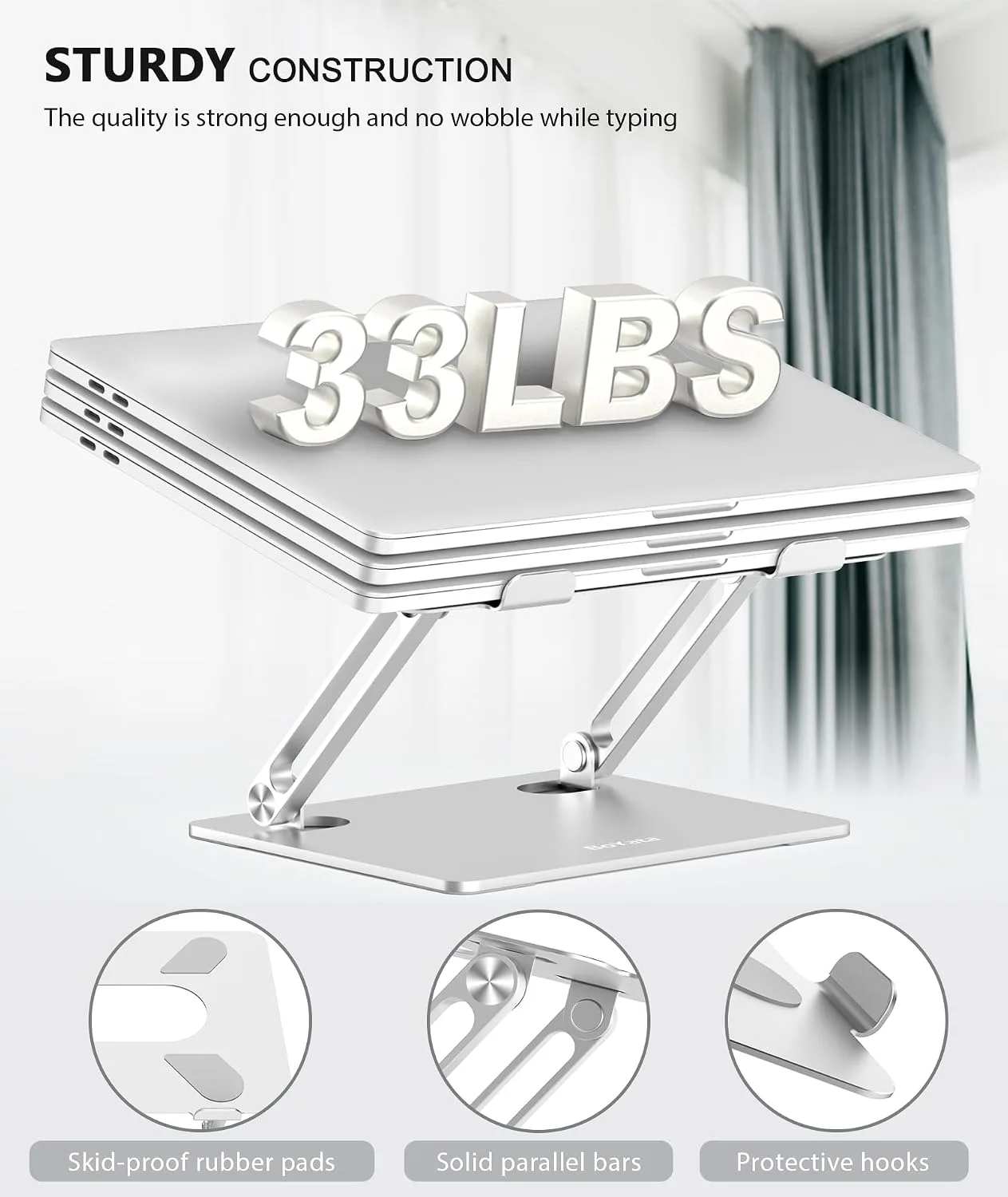 BoYata Laptop Stand, Adjustable Multi-Angle Riser, Up to 17 Inches, Silver