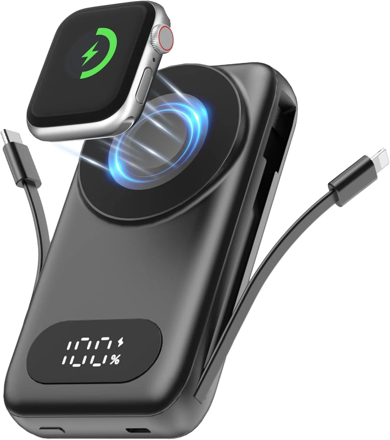 Batería externa Shenmz Magnetic 26800mAh con cables integrados y carga inalámbrica para iPhone y Apple Watch negra