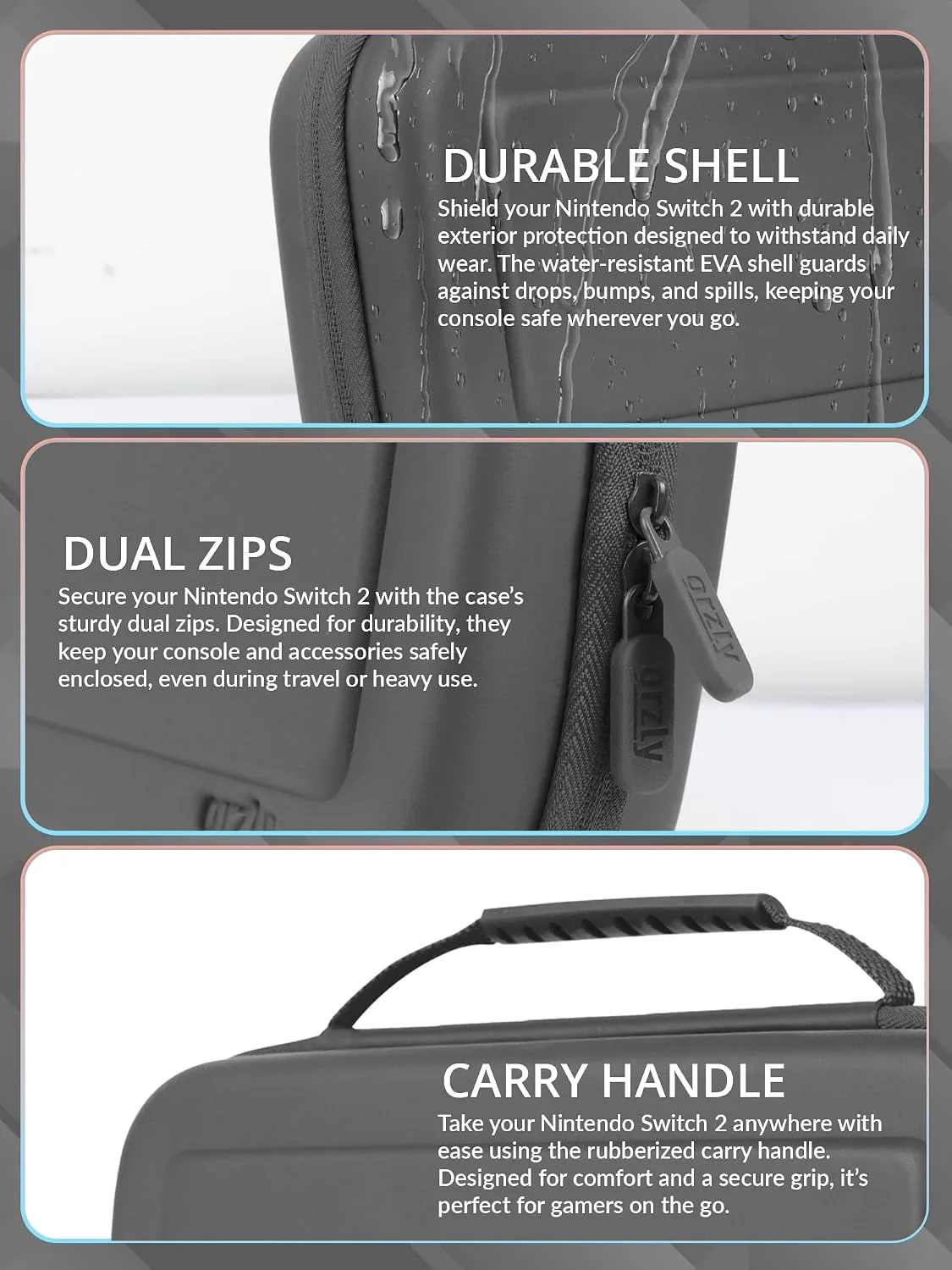 Orzly Case Compatible with Nintendo Switch 2 – Protective Travel Carry Case with Screen Padding, Game Card & microSD Slots, Zipped & Open Pockets for Accessories – 7.9" Gift Boxed