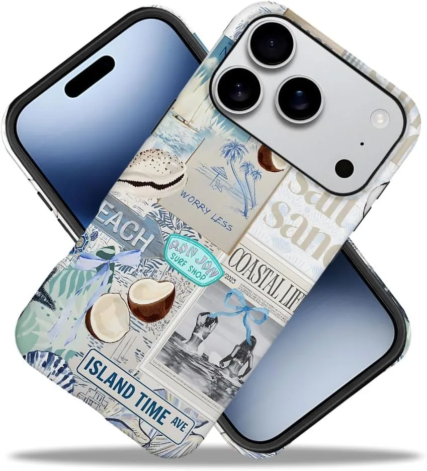 Case Compatible with iPhone 18 Pro/iPhone 17 Pro,Fall Prevention Hybrid 2-Layer Hard Shell Phone Cover for Girls Boys,Beach Coast Collage