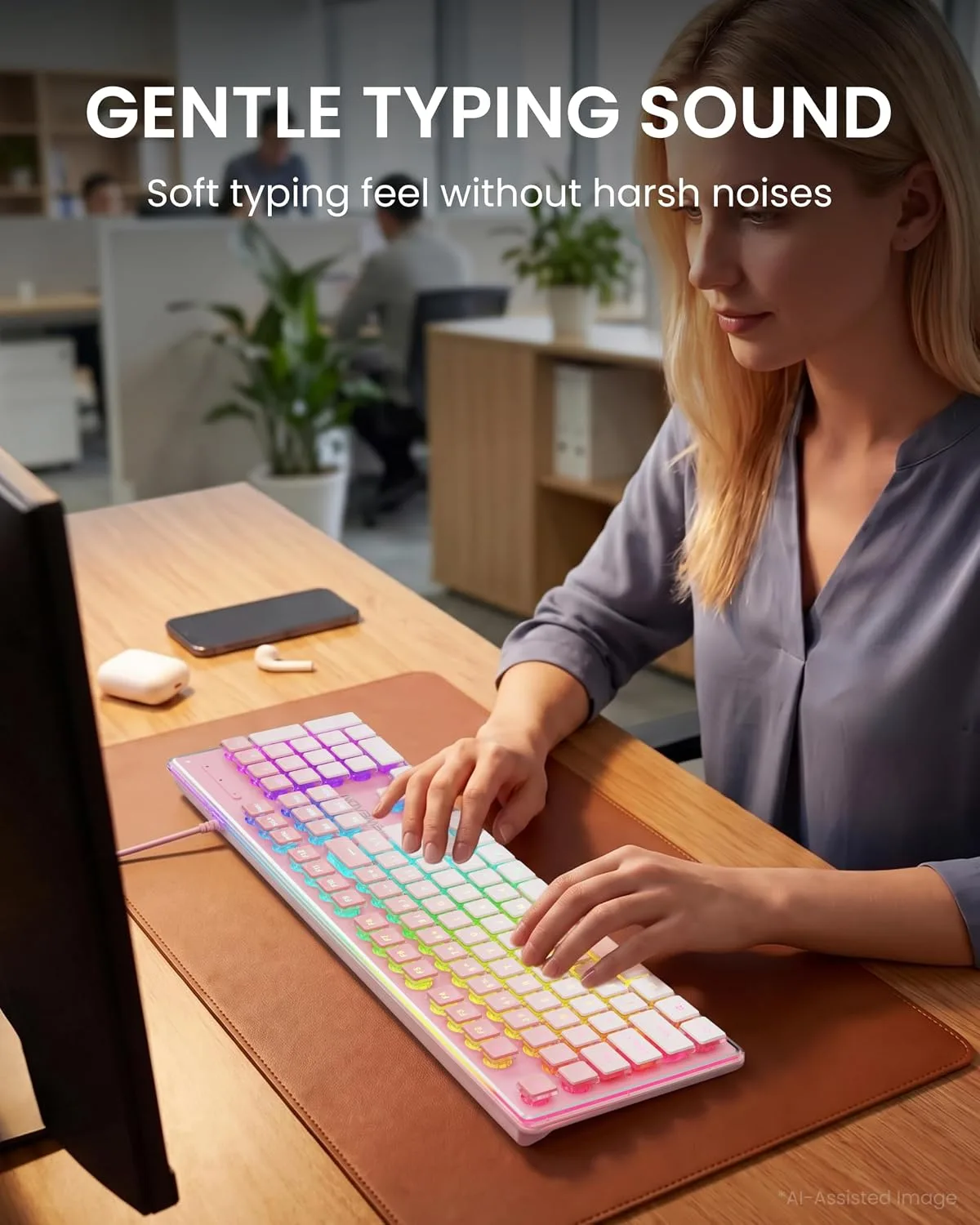 Wired Keyboard with White Backlight Pudding Keycaps, Pink-Pink Gradient