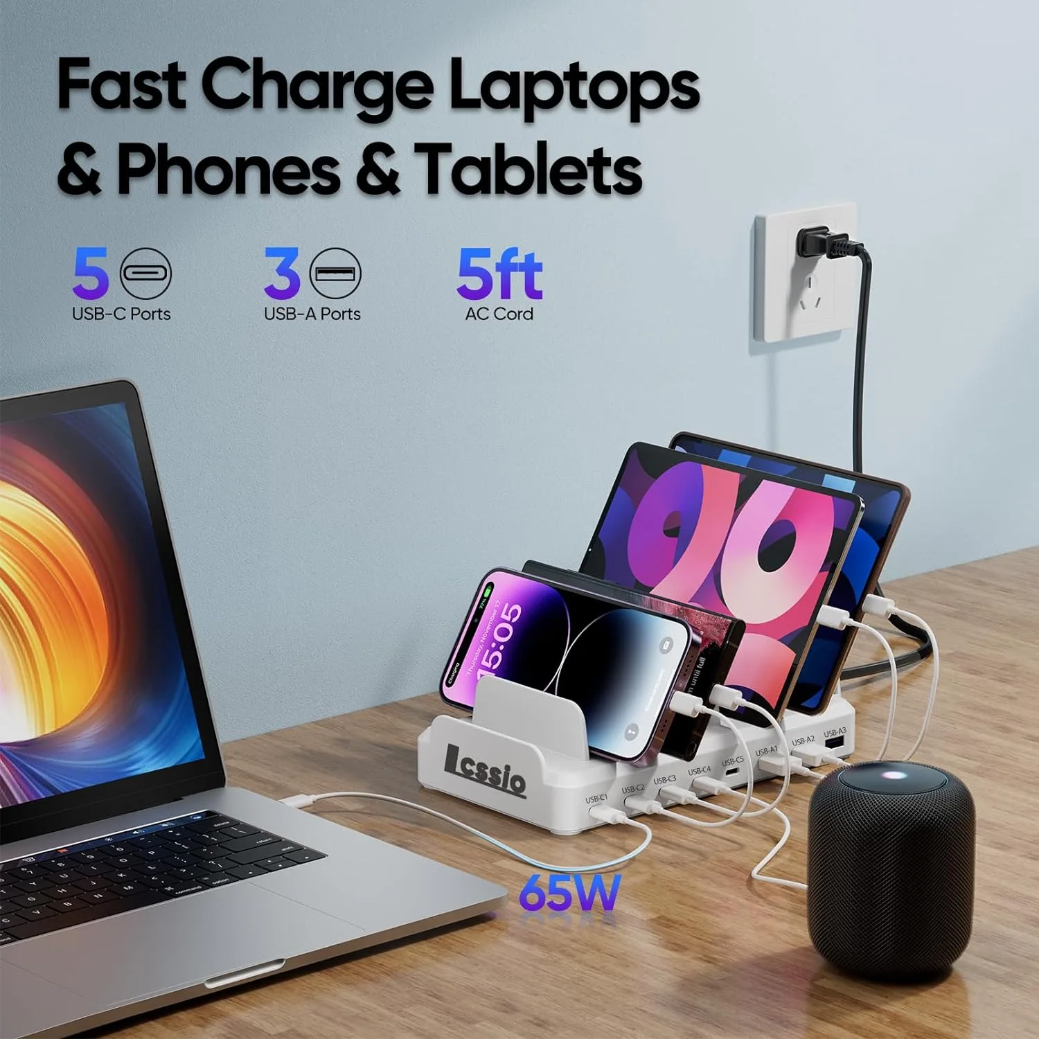Lcssio 300W Charging Station for Multiple Devices, 8 Port Fast Charger