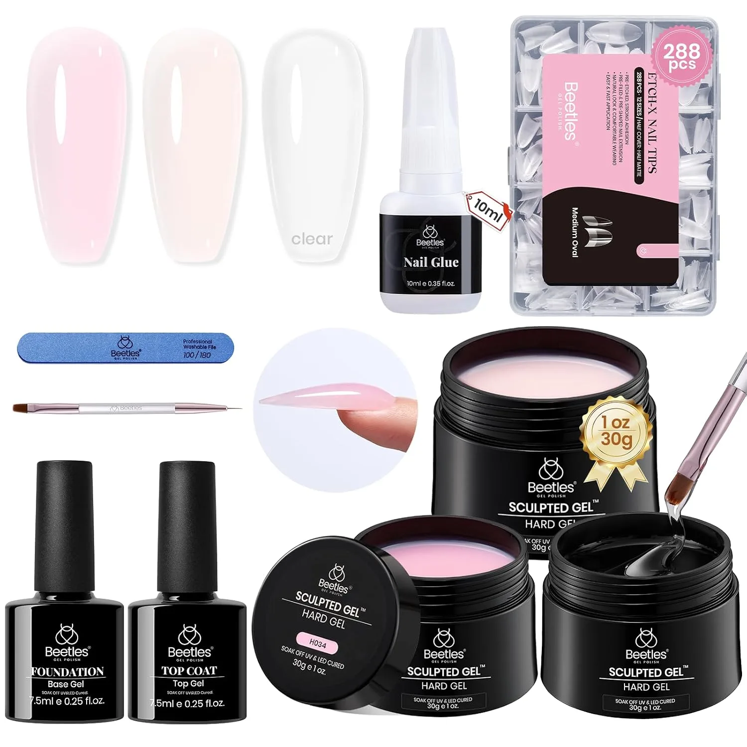 Beetles Hard Gel Nail Extension Kit, 3 Colors with Medium Oval Tips