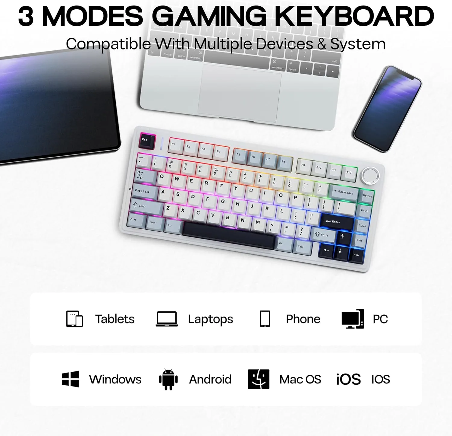 MechLands Aula F75 PRO 75% Wireless Gaming Keyboard, Gasket Mechanical Custom Keyboard with Five-Layer Padding, BT/2.4GHz/USB-C, Hot Swappable, Knob, RGB, Reaper Switches (White Blue)