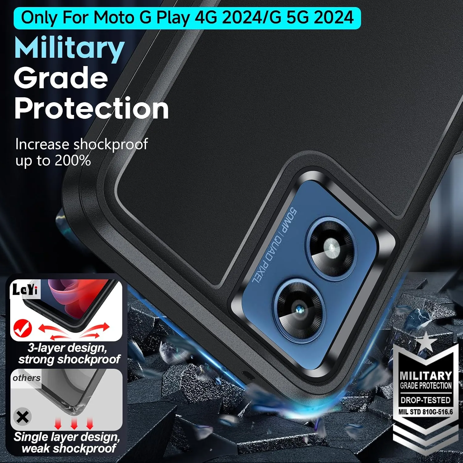 LeYi for Moto-G-5G-2024 Case: 𝗡𝗼𝘁 𝗣𝗹𝗮𝘆, 3-Layer Protection, Black