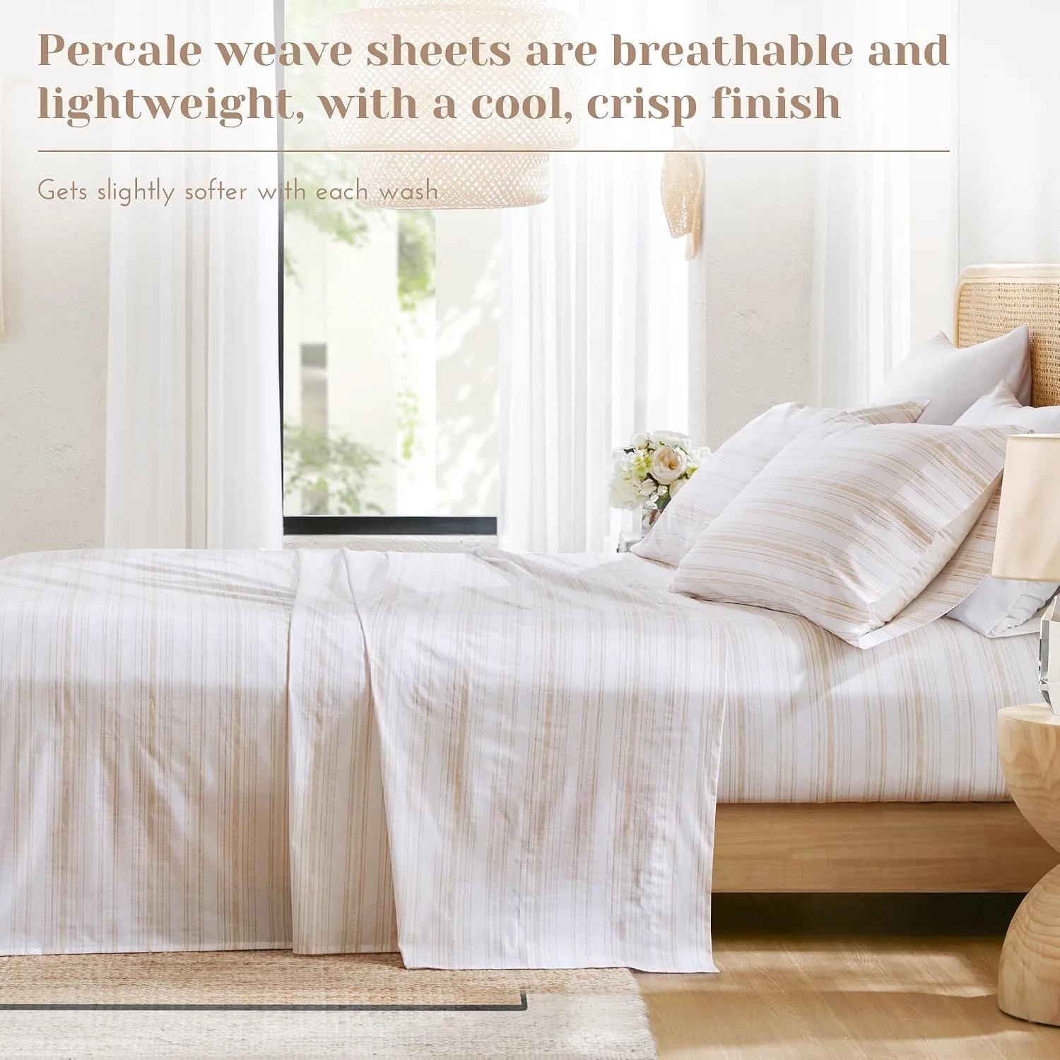 Comfort Spaces 100% Cotton Percale Sheet Set Queen 4 Pcs, Good Vibes Taupe