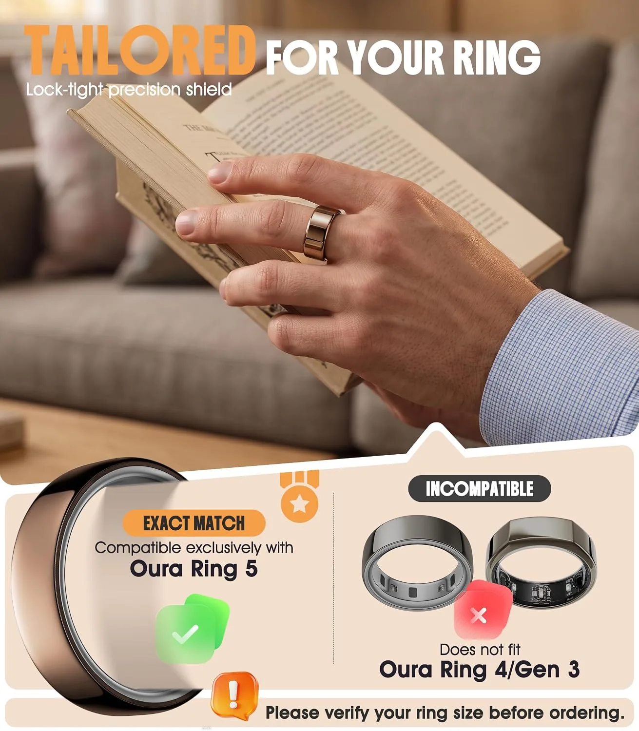 3Pack Ring Cover Compatible for Oura Ring 5, Resistant TPU, Rosegold-Size 8