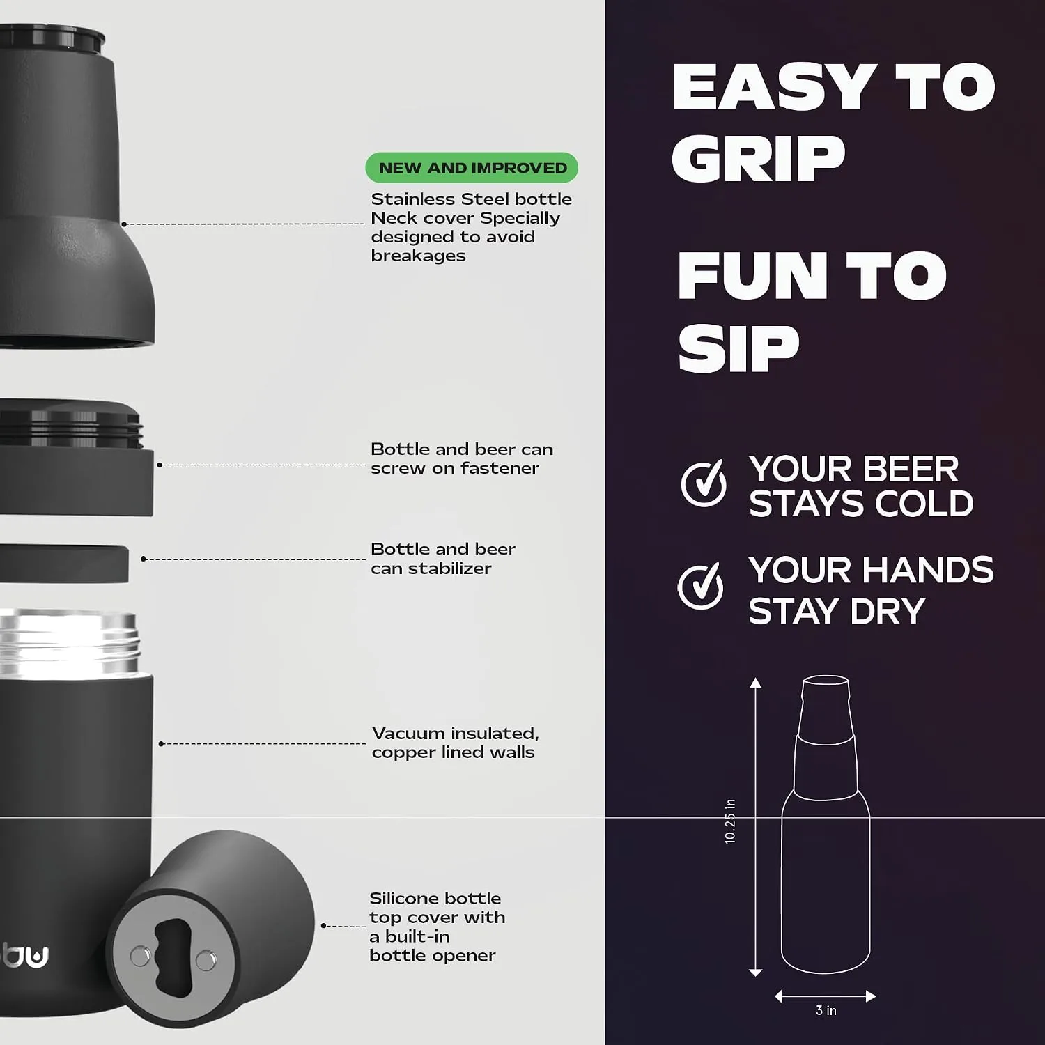 Asobu Frosty Beer Holder,2 Go Vacuum Insulated Double Walled Stainless Steel Beer Can and Bottle Cooler with Beer Opener, Bpa Free, Fits Standard 12oz, Ice Cold for Hours, Great Gift for Beer Lovers