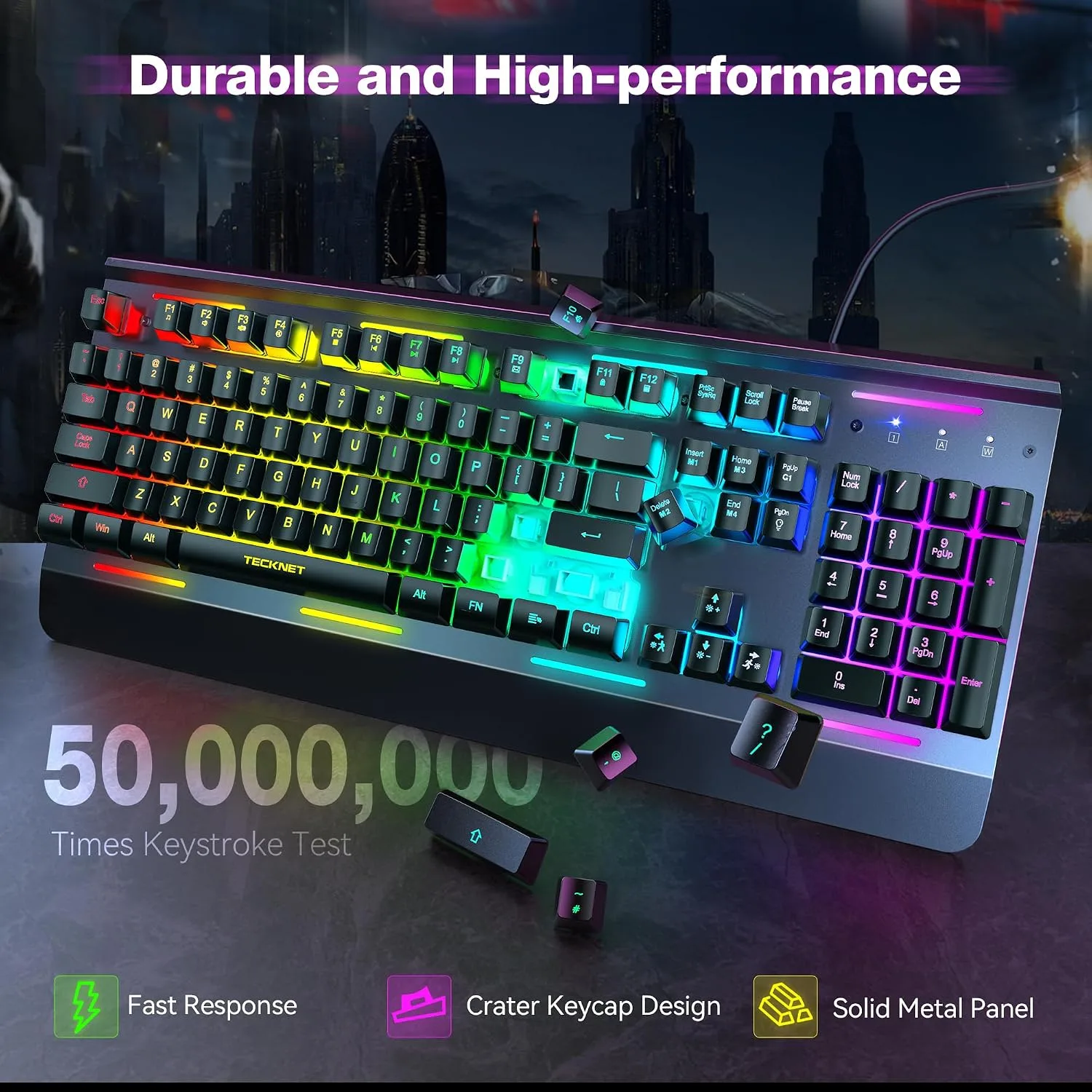 TECKNET Wired Gaming Keyboard, RGB Backlit Keyboard with Metal Panel Design