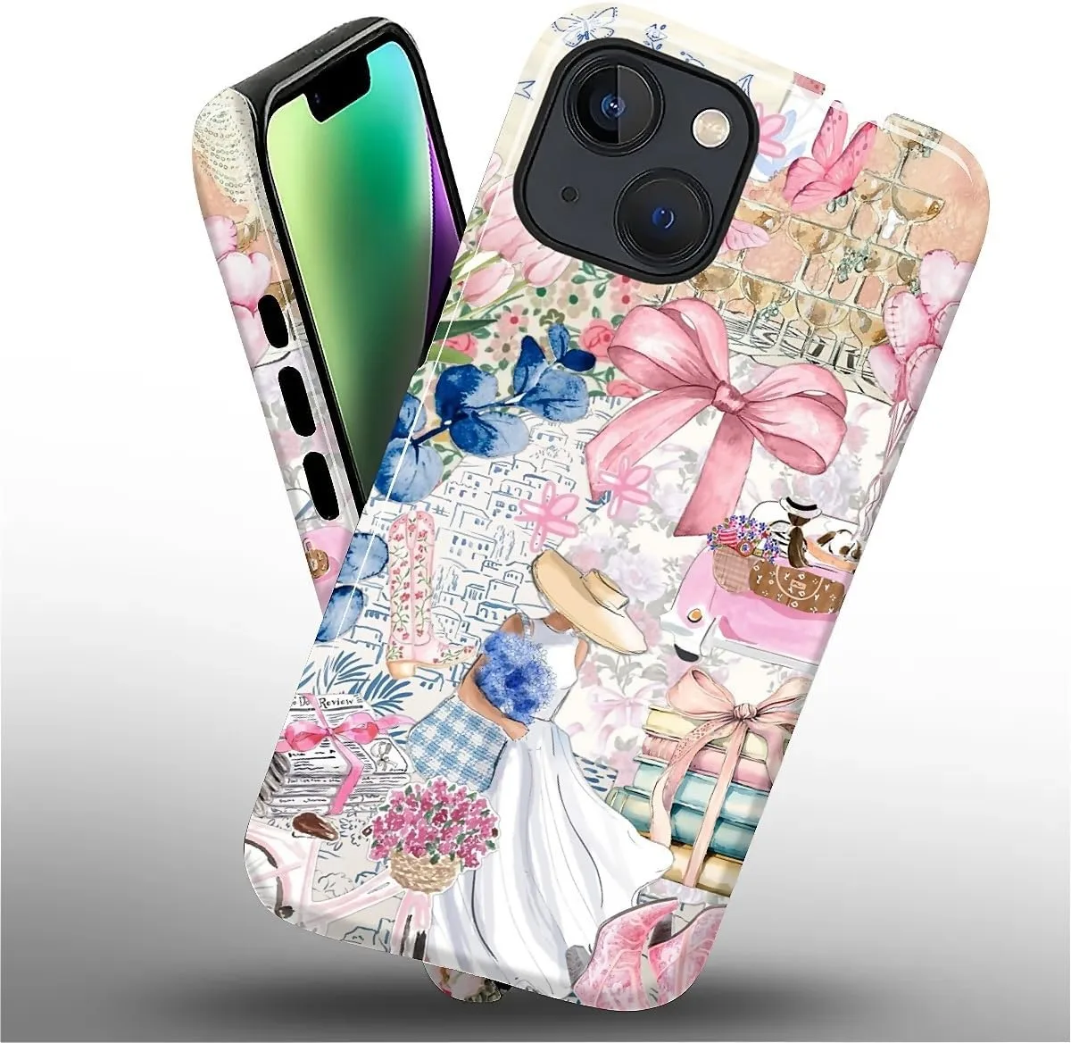 DAIZAG Case for iPhone 14 Plus,Mixed 2 Layer Design Shockproof Soft TPU Ddouble Protection Phone Case for iPhone 14 Plus-Magazine Books Flower Bow Collage