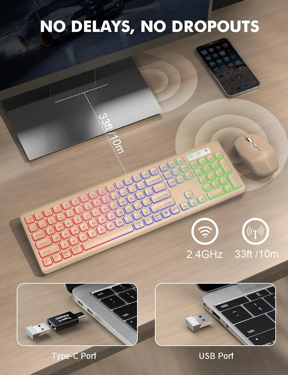 Wireless Keyboard and Mouse Combo with RGB Backlit, Rechargeable