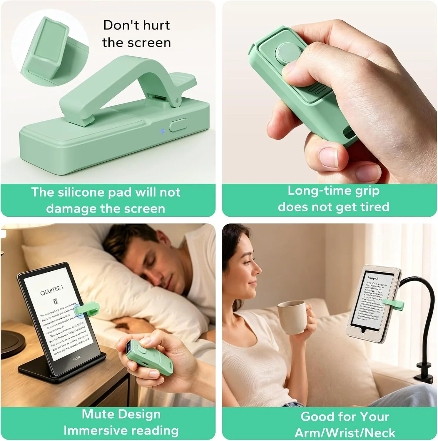 (Fit All Cases) Page Turner for Kindle,Portable Selfie Light,Reading Timer Tracker,Book Light for Kindle,iPad,iOS Android. Clicker for Kindle for Camera Video Recording and Selfie Shutter(K3-Green)