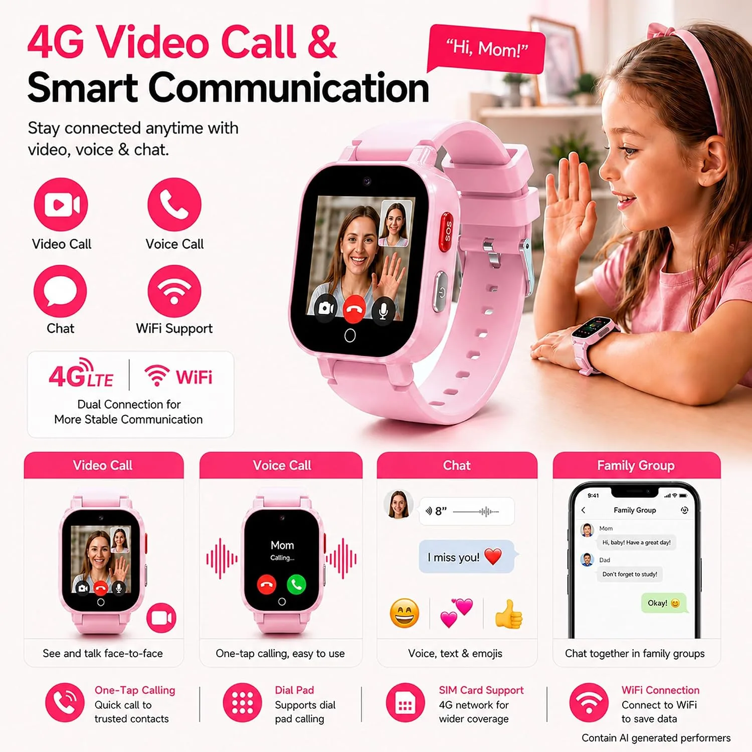 4G Kids Smart Watch with GPS Tracker, Video & Voice Call, SOS, WiFi, IP68 Waterproof, AI Smart Features, Parental Control Phone Watch for Boys Girls Age 3+ (SIM Card Included)