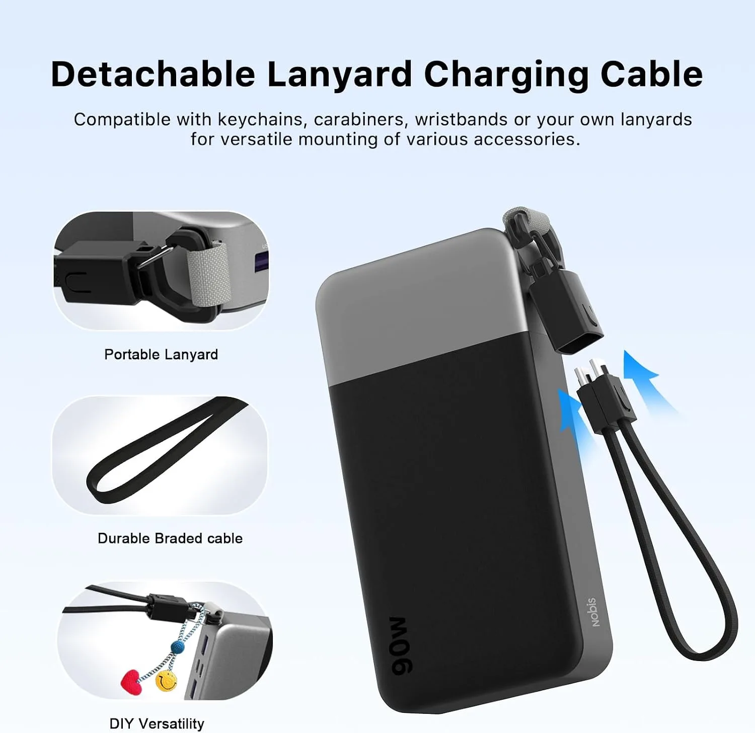 NOBIS Portable Charger 20000mAh 90W Power Bank w/Detachable Cable