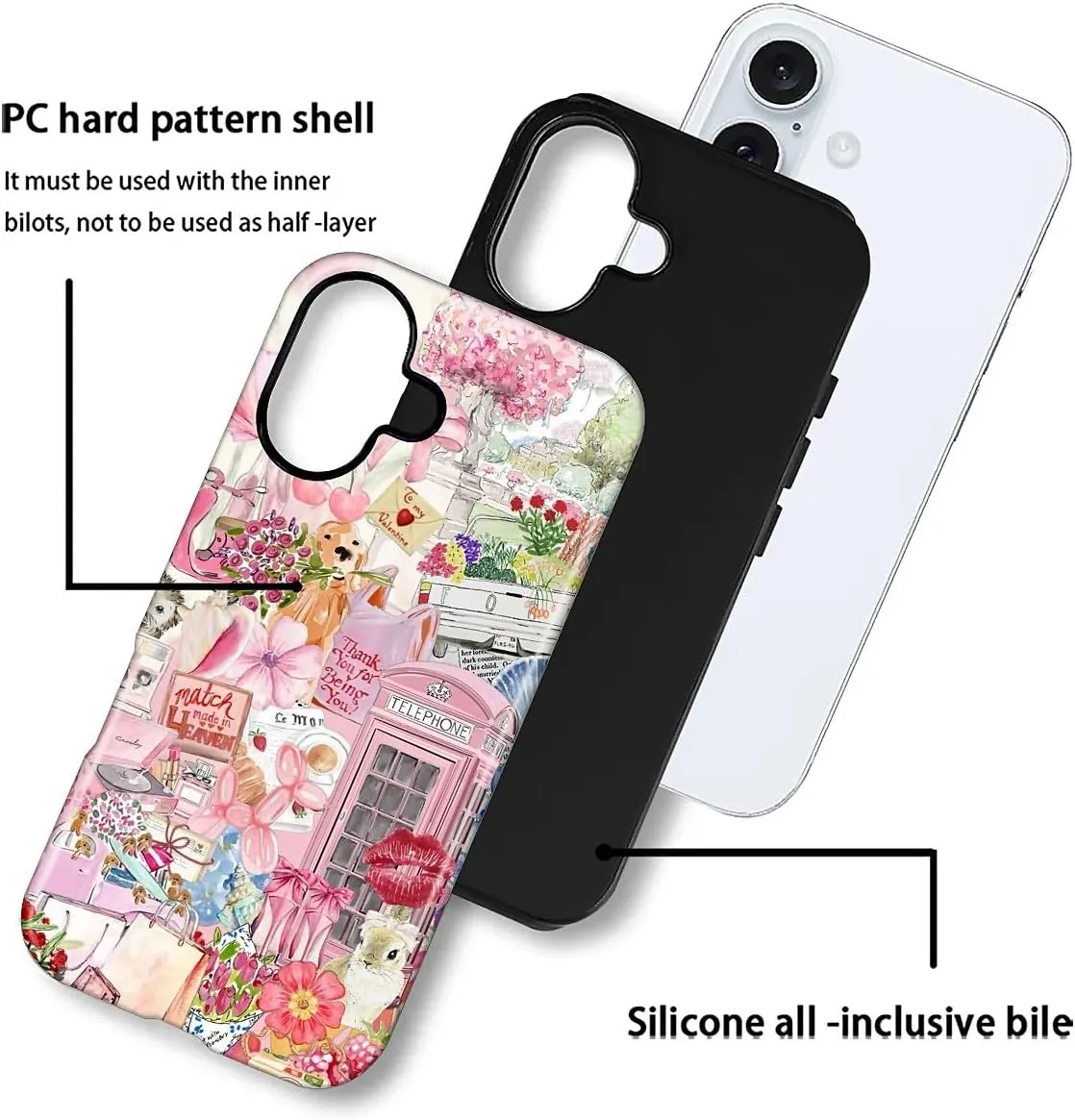 DAIZAG Case for iPhone 16,Mixed 2 Layer Design Shockproof Soft TPU Ddouble Protection Phone Case for iPhone 16-Cute Pink Animal Garden Collage