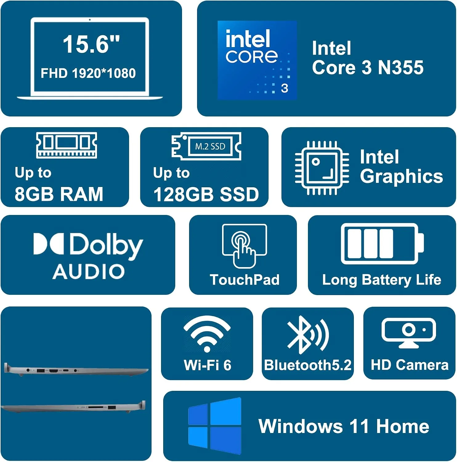 Lenovo IdeaPad Slim 3i Everyday AI Laptop 15.6" FHD Anti-Glare Intel 8-core Core 3 N355 8GB DDR5 128GB Storage Privacy Camera Type-C Long Battery Life Win11 ICP Accessory