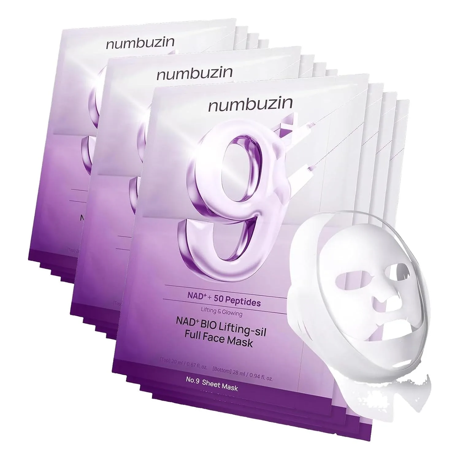 numbuzin No.9+ NAD+ BIO Lifting Full Face Mask, Peptide & Collagen Two-Piece Firming Mask for a Smooth, Defined-Looking Skin Finish, 4 Sheets + Lifting Band (Pack of 3)