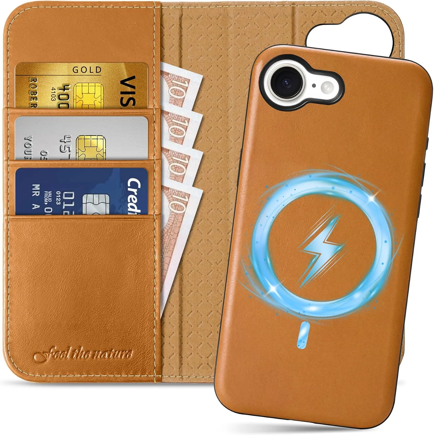 SHIELDON Removable Leather Wallet Case for iPhone 17e, Retro Light Brown