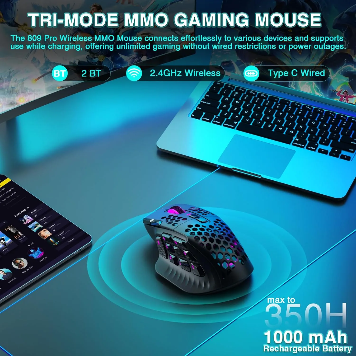 SOLAKAKA SM809 Pro Gaming Mouse with 9 Side Buttons,24000 DPI RGB Mouse for Gamer,16 Programmable Macros MMO Mouse,Black