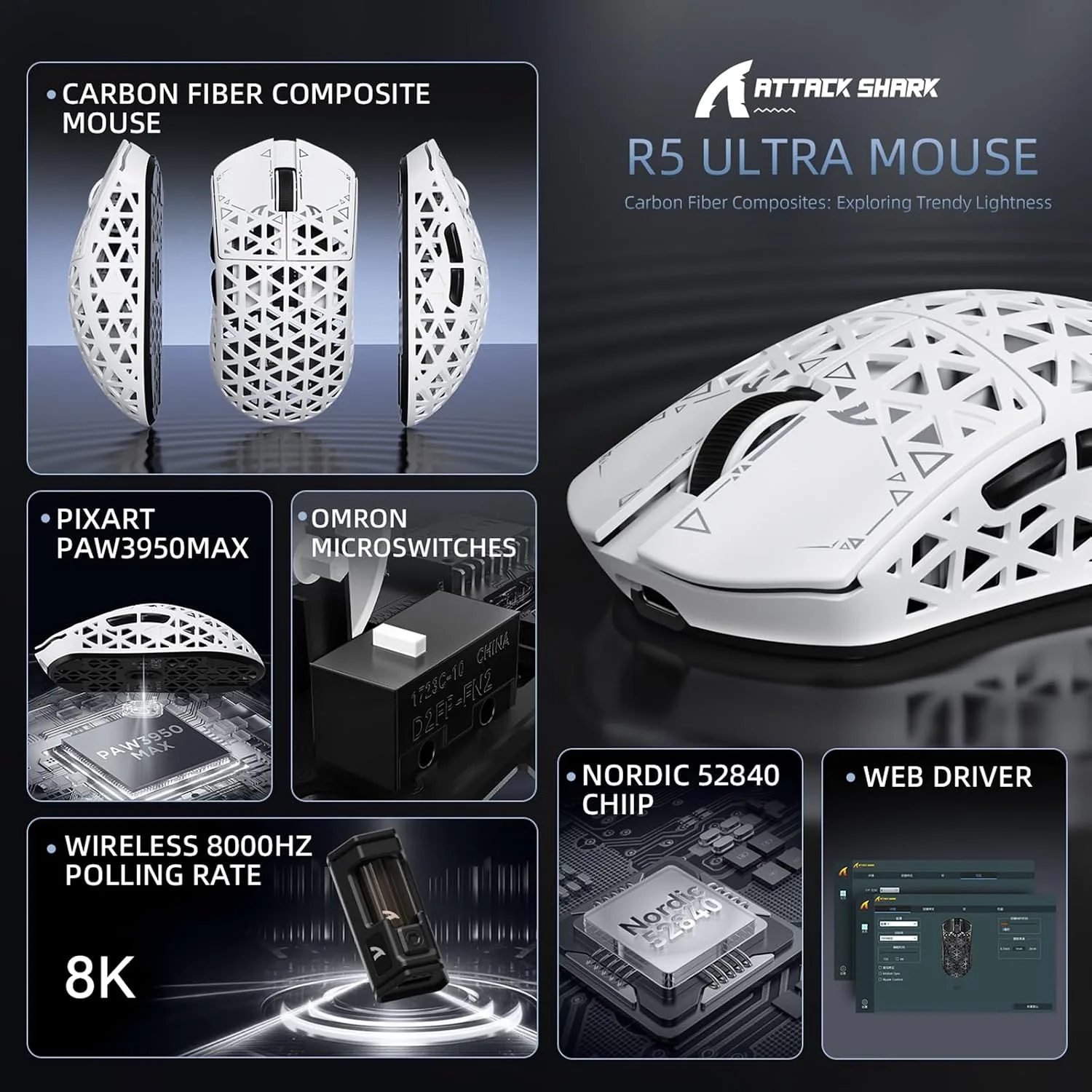 ATTACK SHARK R5Ultra 8K Carbon Fiber Wireless Gaming Mouse, White
