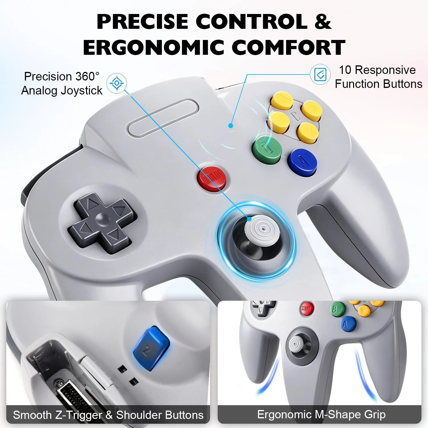 miadore 4 Pack Classic N64 Controller, Wired Classic N64 Gamepad with Upgraded Joystick(Non PC USB Version) (Black/Gray/Red/Blue)
