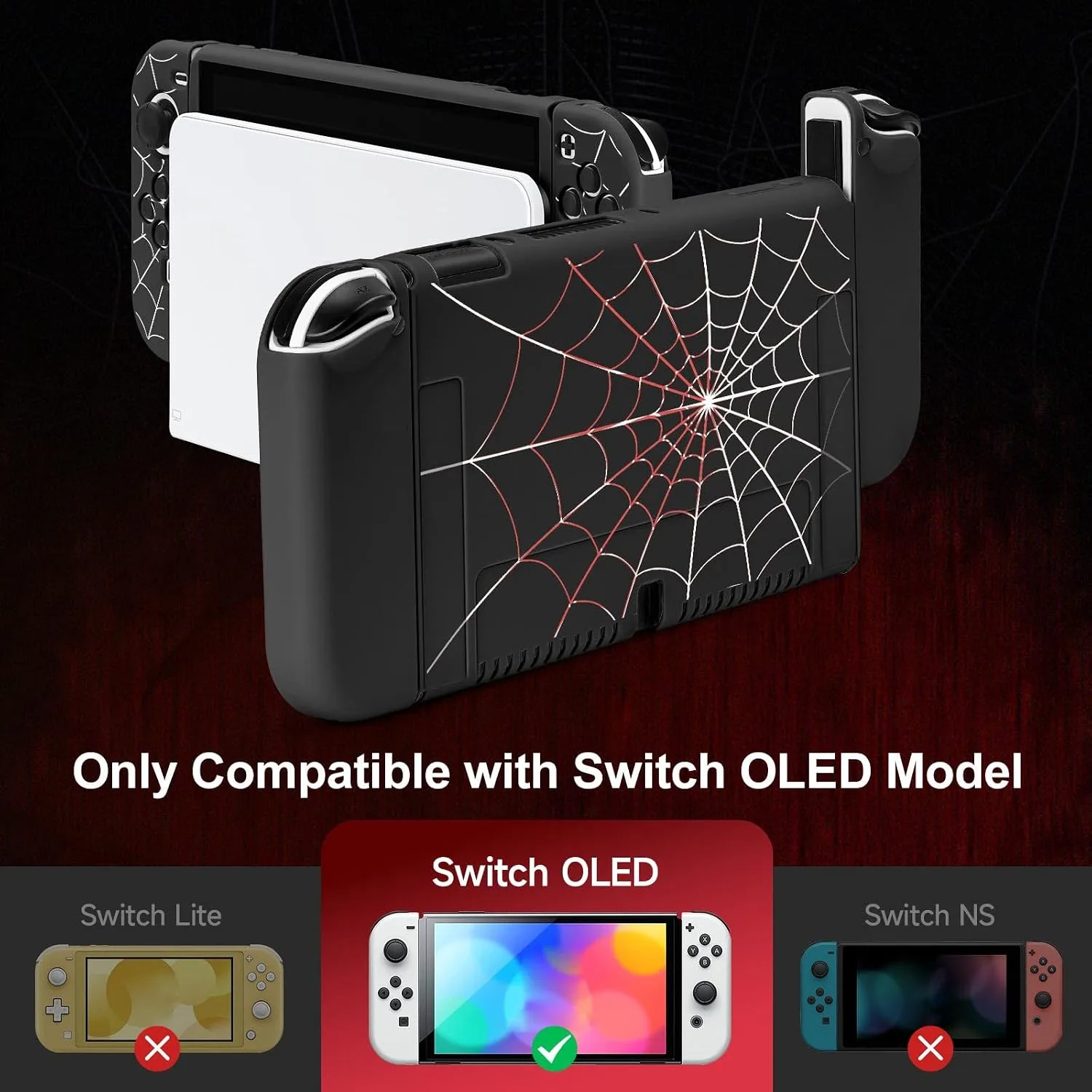 JINGDU Protective Case Compatible with Nintendo Switch OLED 2021, TPU Case Accessory for Nintendo Switch Console and Grip Joy-Con, Switch Protector with 4 Thumb Grips, Black Spider Web