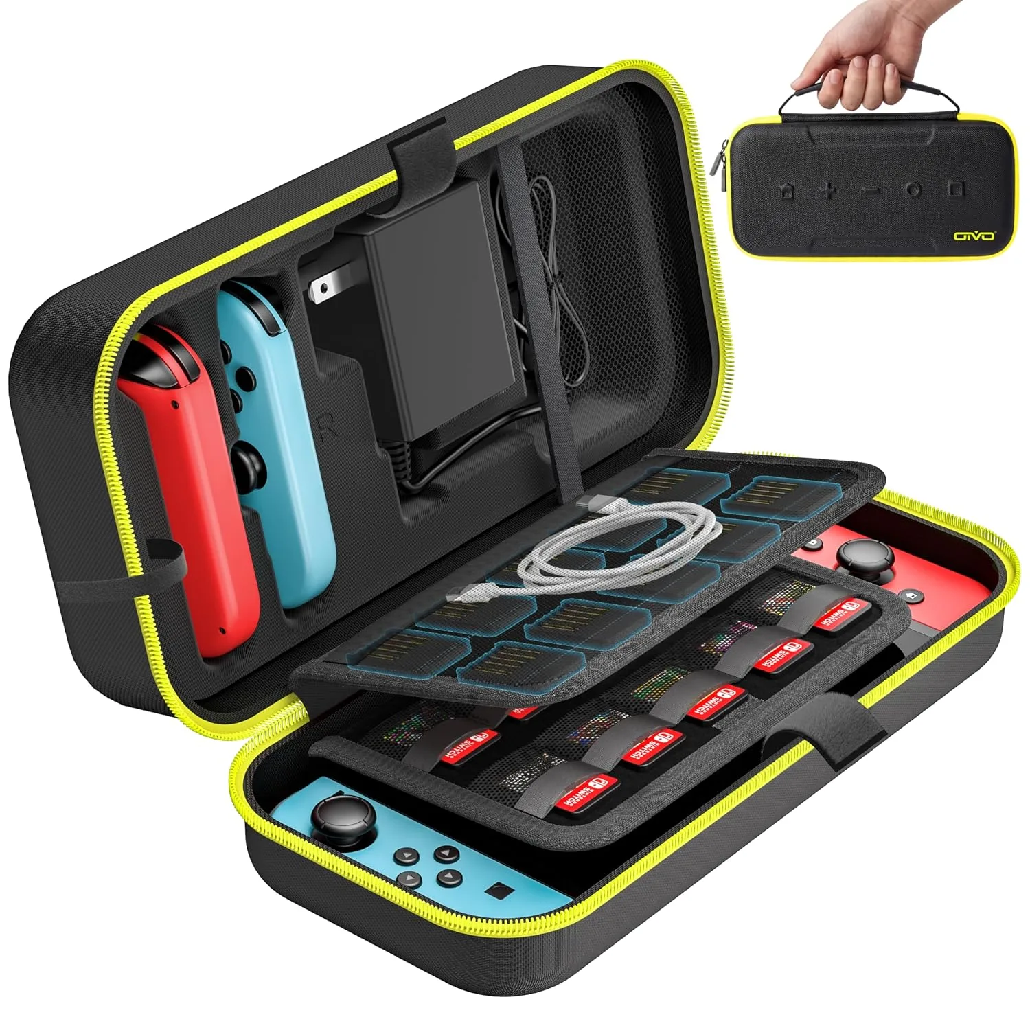 OIVO Switch OLED Carrying Case Compatible with Nintendo Switch & OLED, Portable Switch Travel Carry Case Fit for Joy-Con and Adapter, Hard Shell Protective Switch Pouch Bag with 20 Games, Yellow