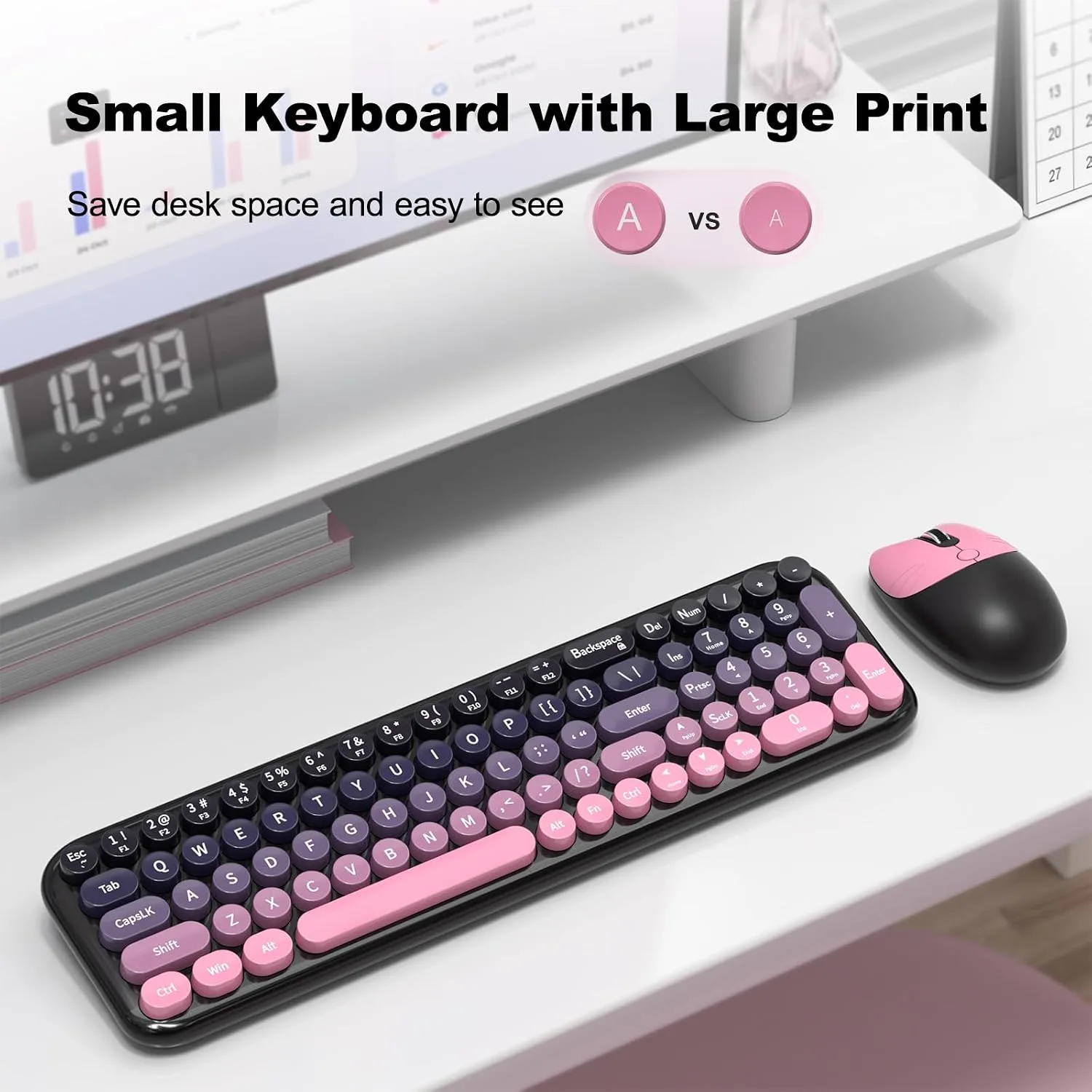 MOFII Wireless Keyboard and Mouse Combo, Compact Typewriter Retro Round Computer Keyboard and Mouse Set, Plug and Play, for Windows, Computer, Desktop, PC, Notebook - (Plum Pink Gradient)