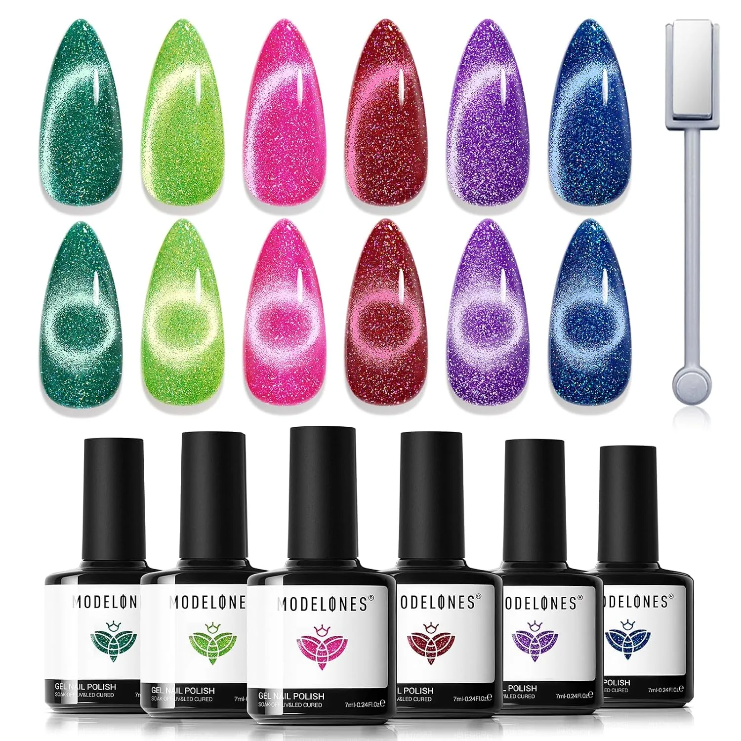 modelones Cat Eye Gel Nail Polish Set Glitter 6Colors Red Pink Blue Summer