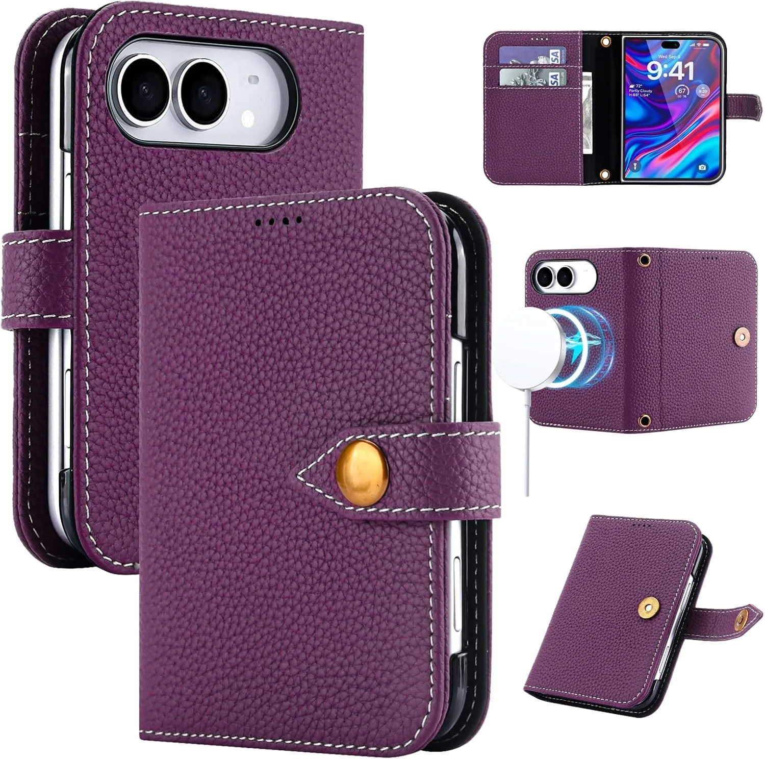for iPhone Duo Case Wallet Genuine Leather for Magsafe, Purple