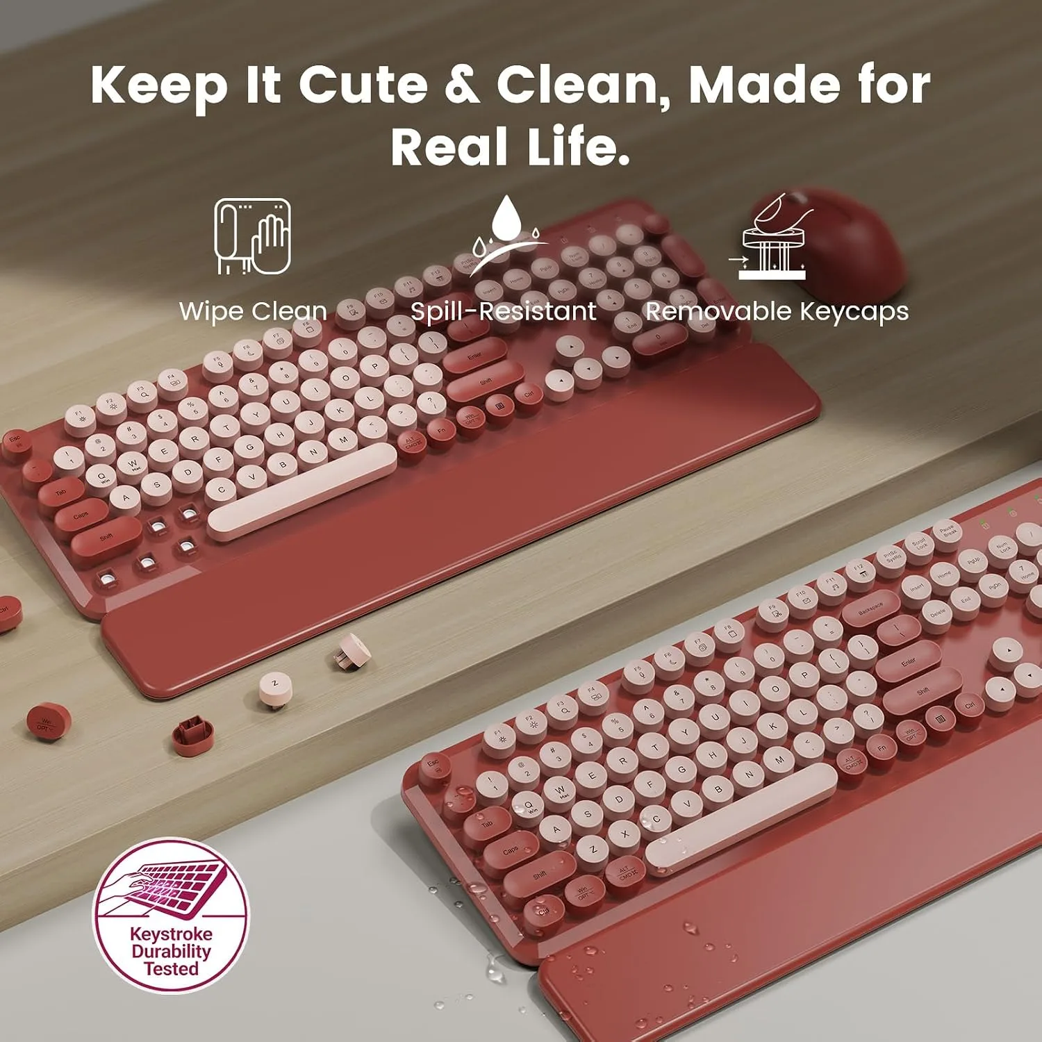 Wireless Keyboard Mouse Combo, Magnetic Wrist Rest, Round Keycaps, Wine Red