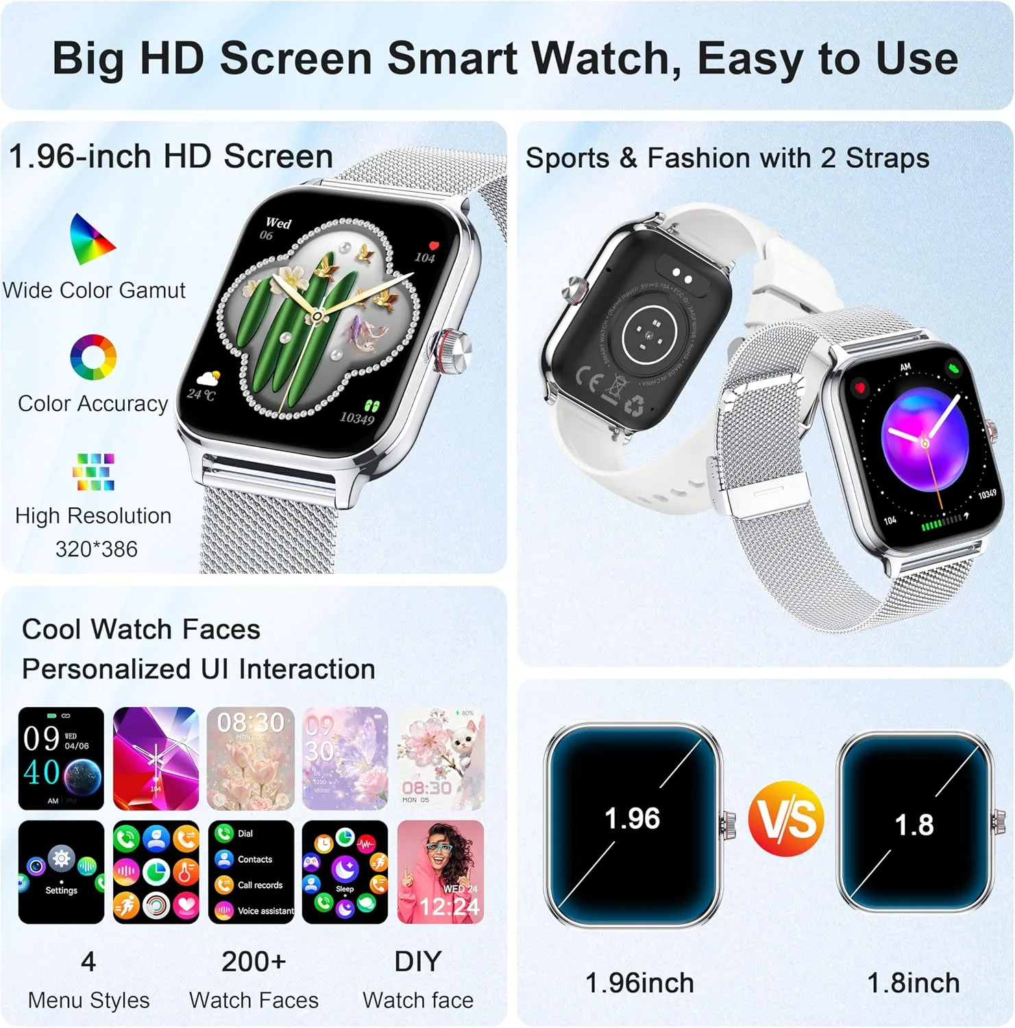 Smart Watch Women Men, Answer/Make Call, 1.96'' Fitness Tracker with Blood Pressure, HR, Sleep Monitor, 110+ Sport Modes Reloj Inteligente para Mujer Smartwatch Compatible with iPhone/Samsung/Android