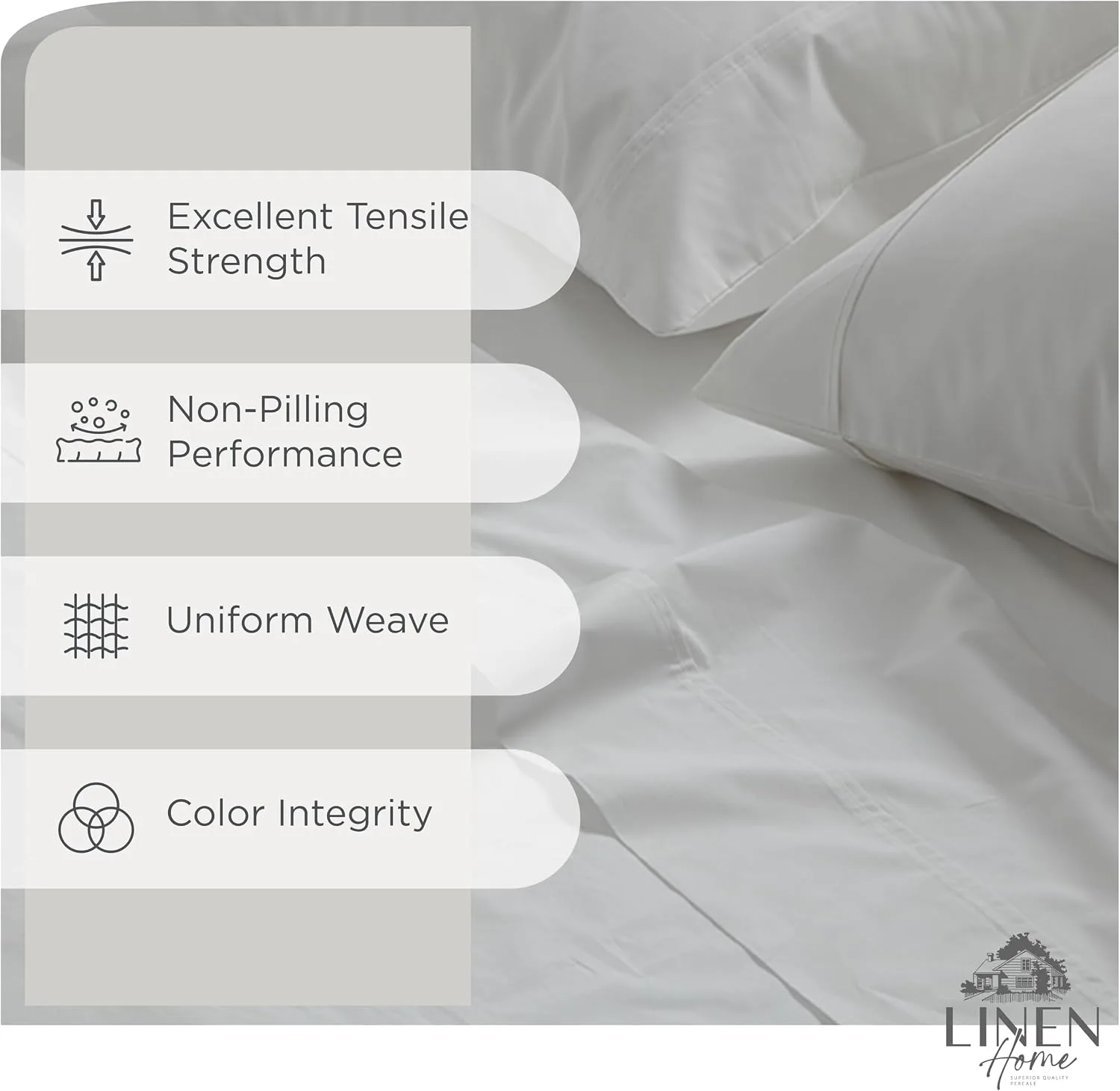Linen Home 100% Cotton Percale Sheets King, 4 Pc Cooling Set - White