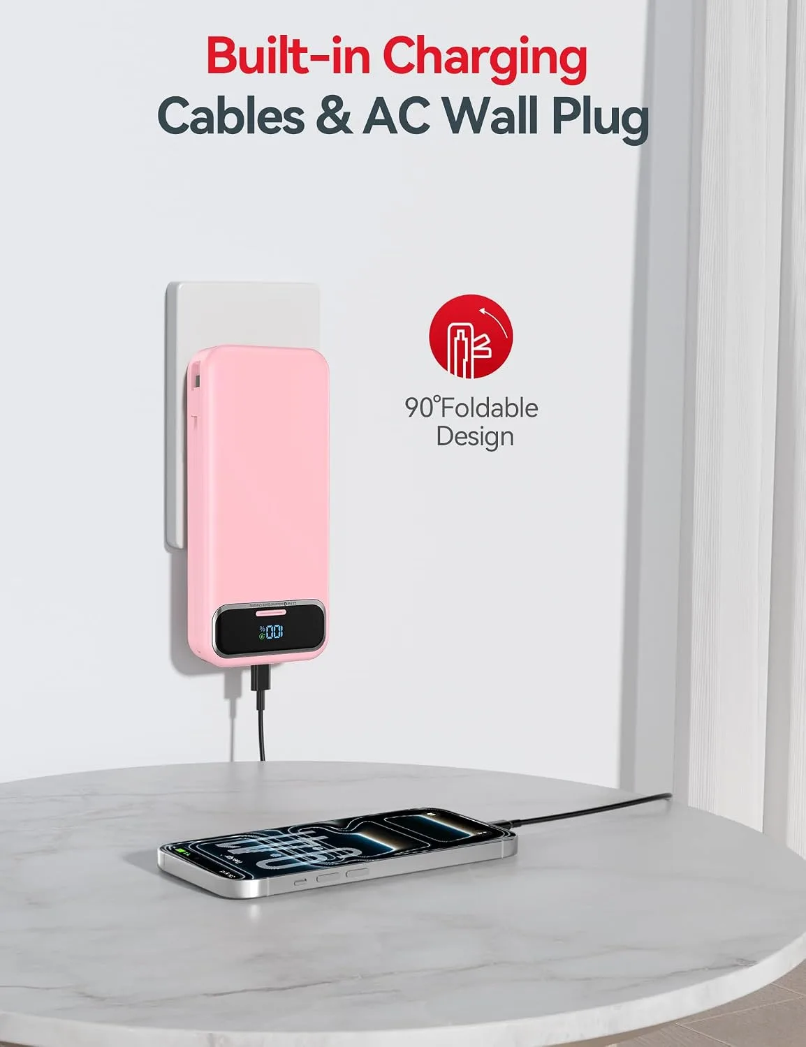 aonidi Portable Charger 20000mAh with Built-in Cables&AC Wall Plug, Pink