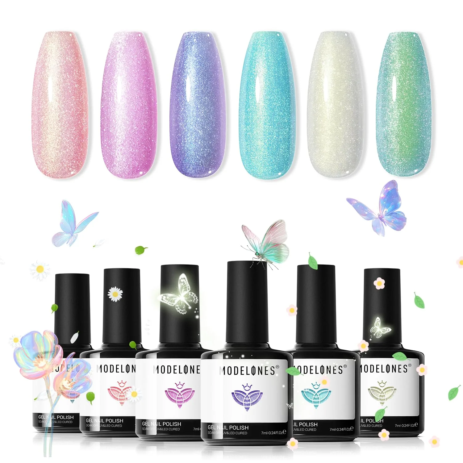 modelones Gel Nail Polish Set Glitter6Colors Pearl Pink Baby Blue Purple
