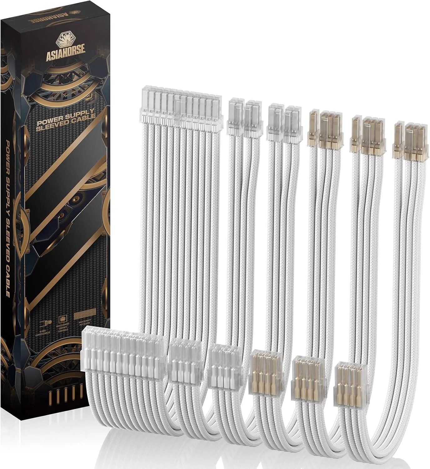 AsiaHorse PSU Cable Extension Kit of Clear Connector, 24Pin/4+4 EPS/6+2 PCI-E 16AWG ATX Power Supply Sleeved Cable Kit for Two-Way CPU Performance, 30CM Length with White Combs