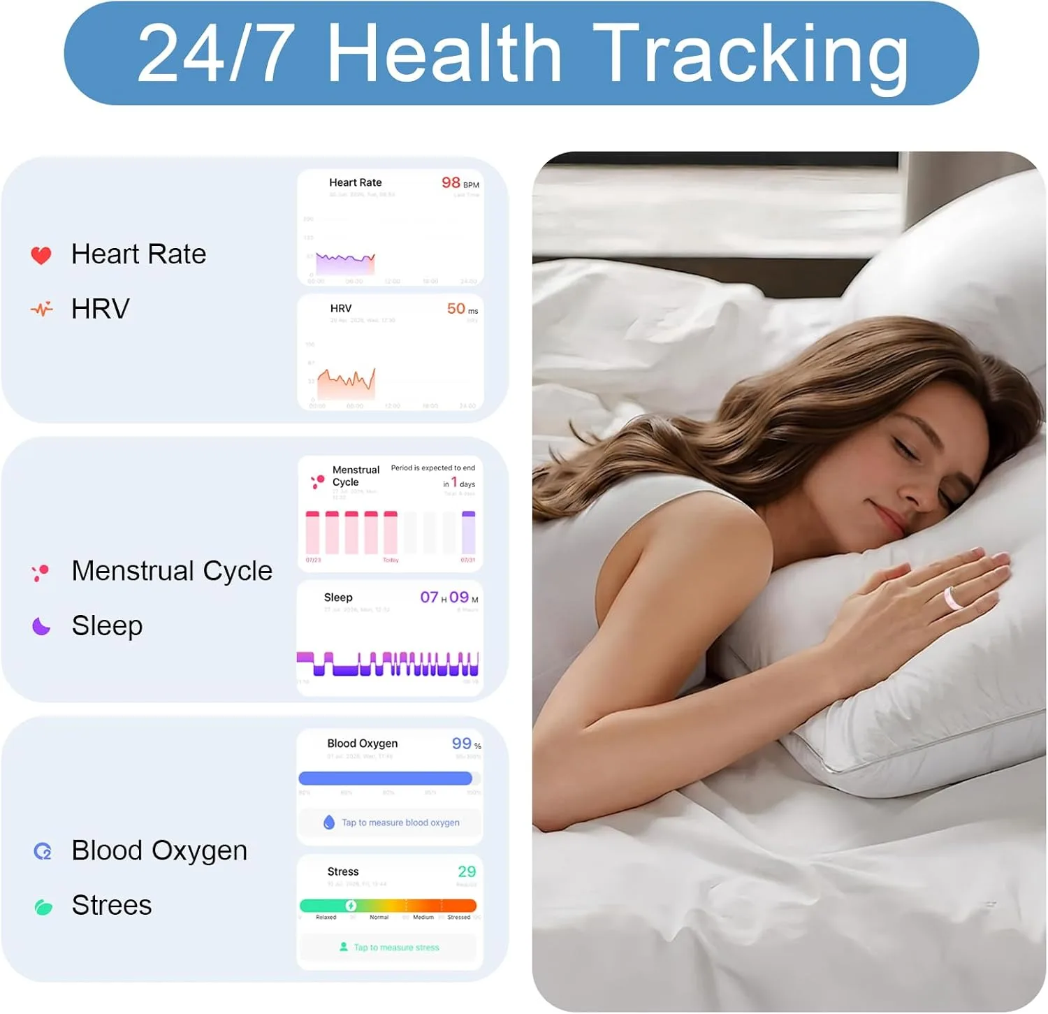 Ceramic Smart Ring for Women Men, Health Tracker Ring, No App Fee, White,8