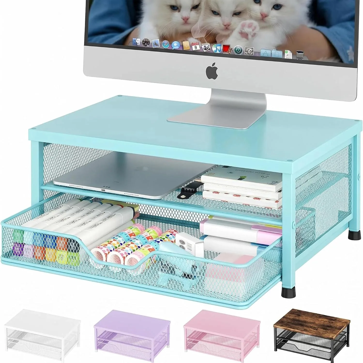 OPNICE Computer Monitor Stand Riser, Desk Organizer with Drawer, Printer & Laptop Stand, Office Desk Accessories & Workspace Desktop Organizers Storage for Office Supplies(Blue)